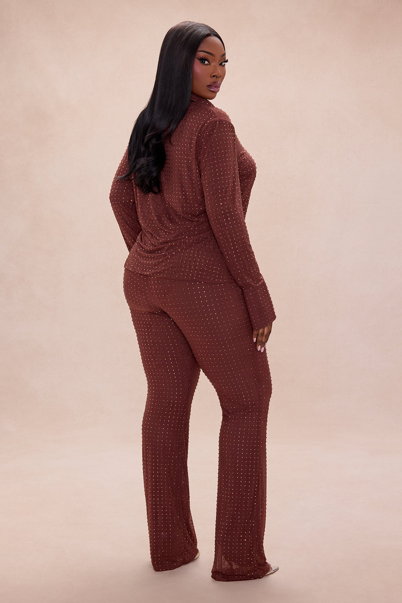 Gabrielle Rhinestone Mesh Pant Set - Chocolate