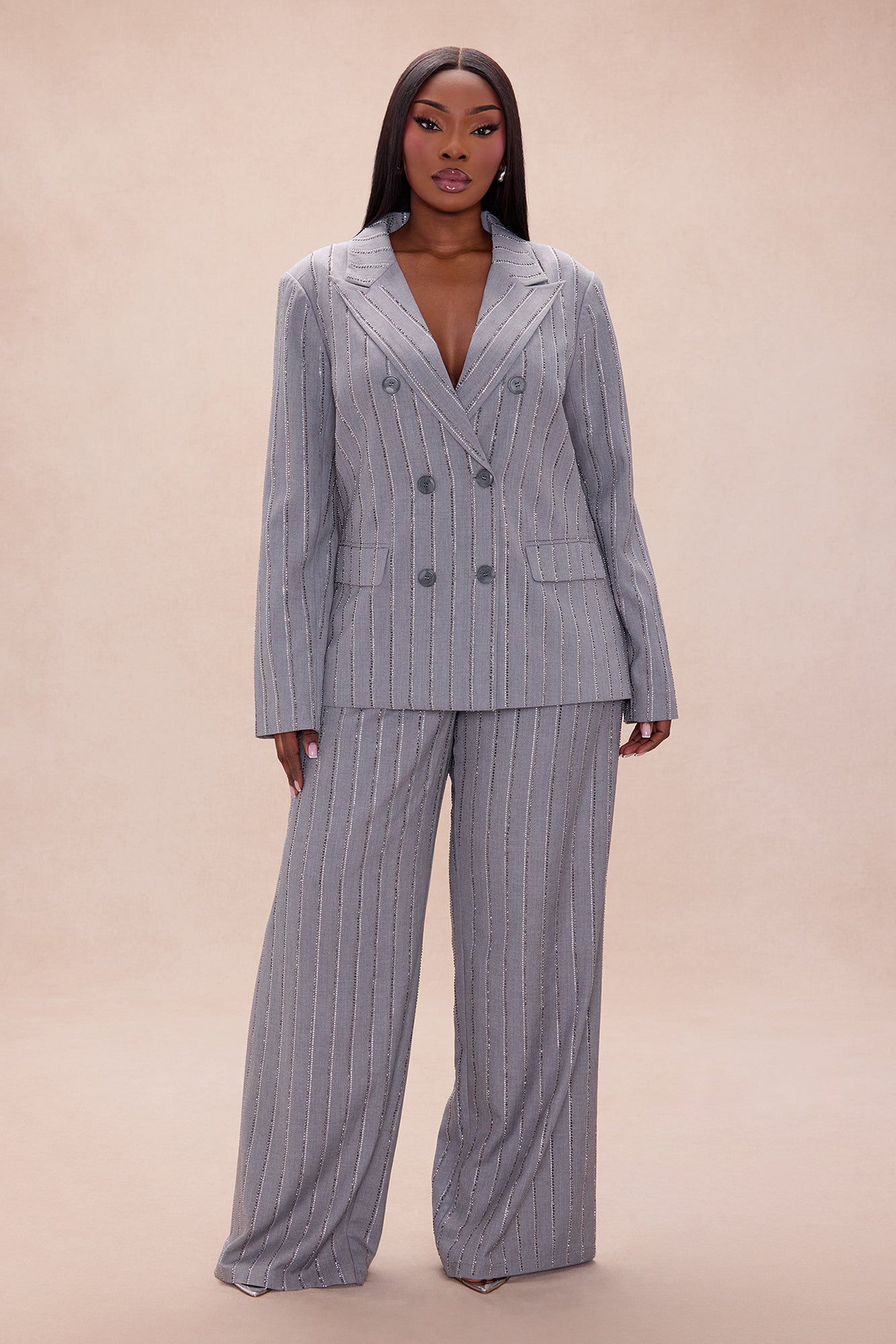 Odessa Embellished Blazer Pant Set - Grey