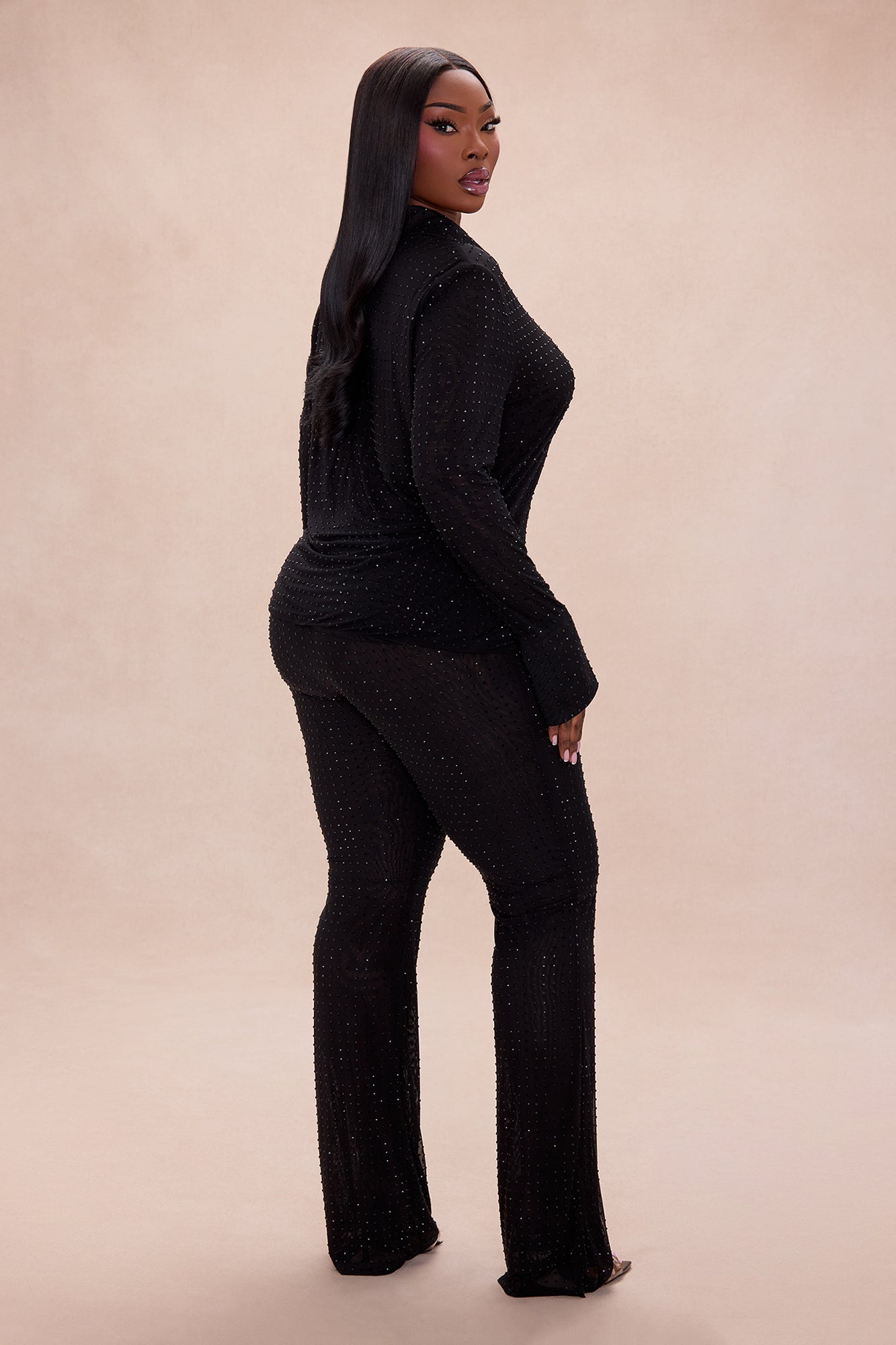 Gabrielle Rhinestone Mesh Pant Set - Black