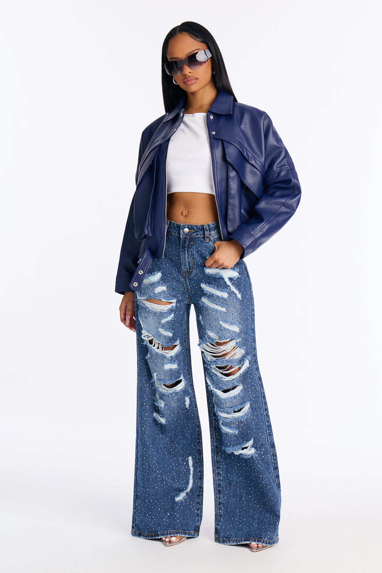 Stole The Spotlight Ripped Rhinestone Jeans - Dark Wash