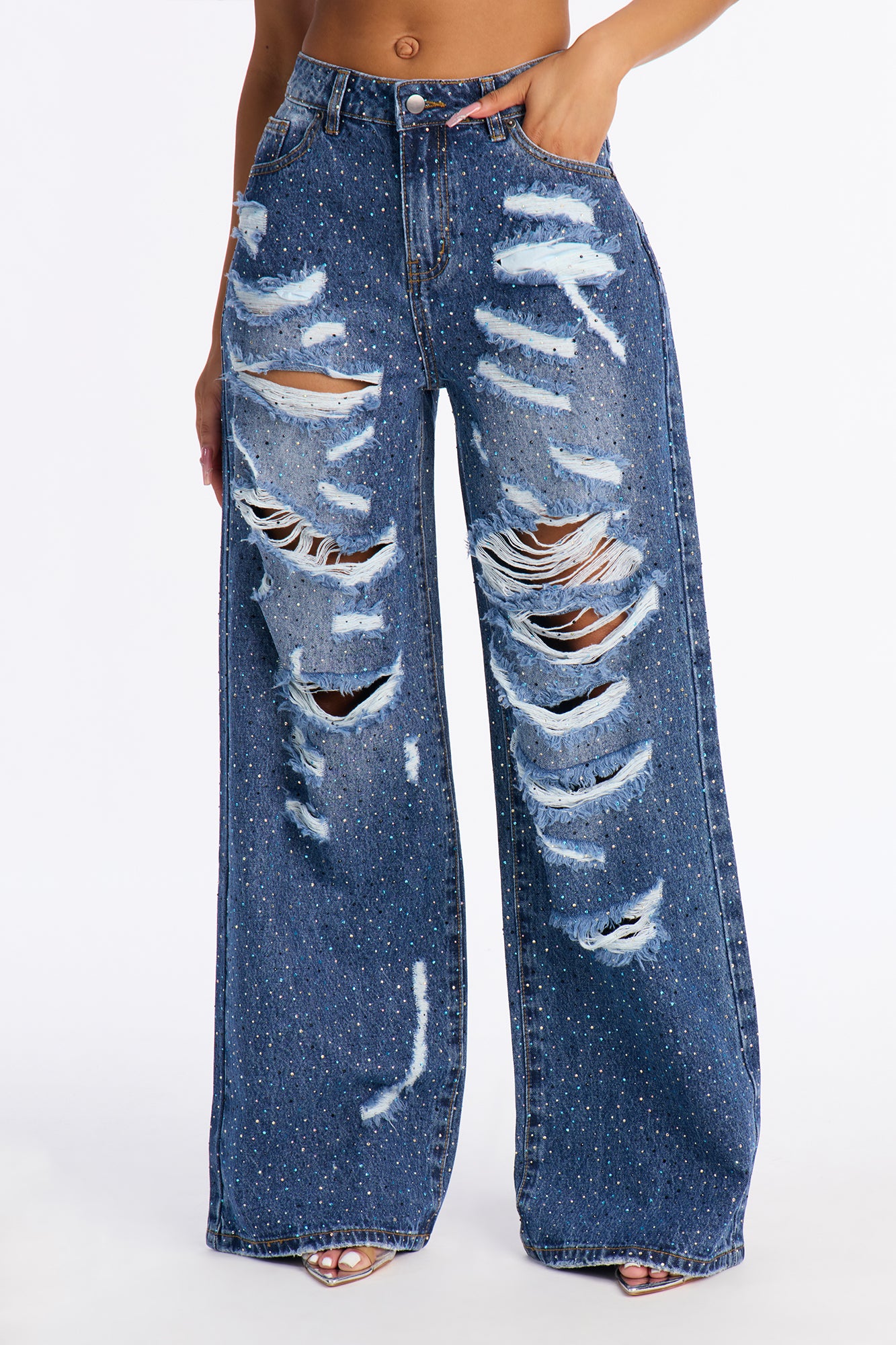 Stole The Spotlight Ripped Rhinestone Jeans - Dark Wash
