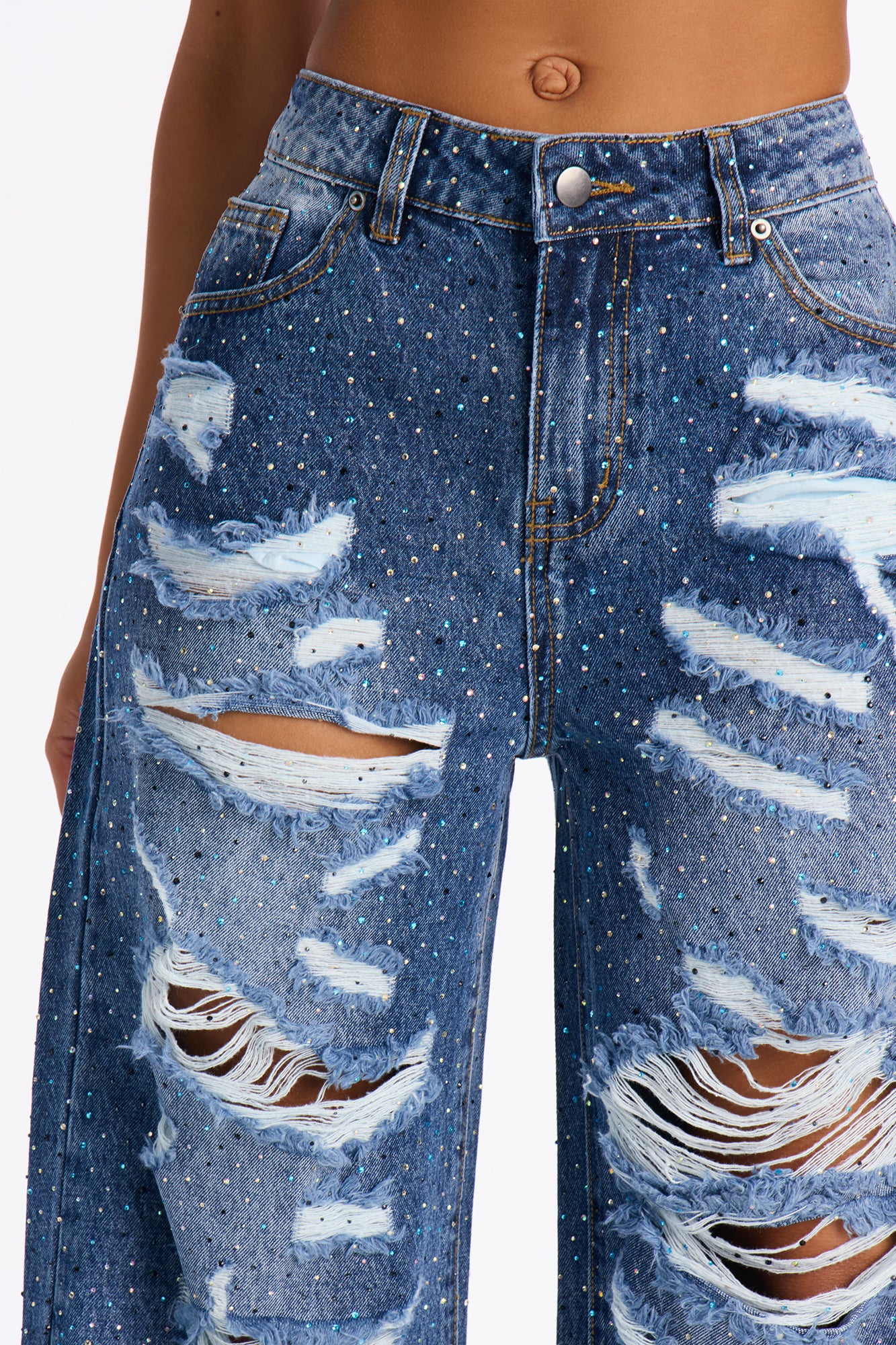 Stole The Spotlight Ripped Rhinestone Jeans - Dark Wash