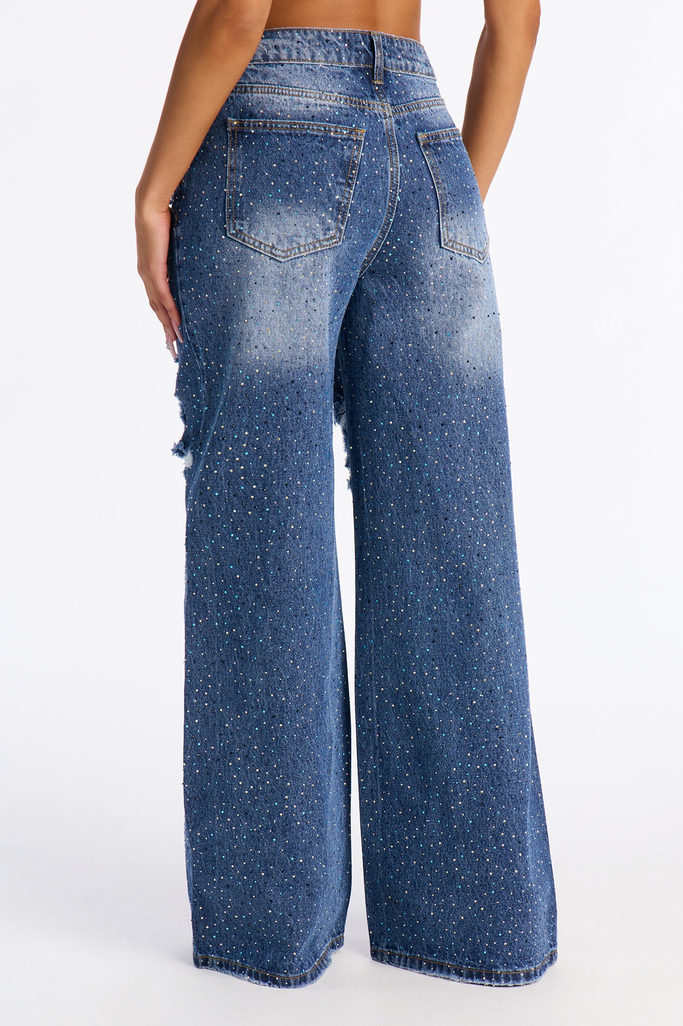 Stole The Spotlight Ripped Rhinestone Jeans - Dark Wash