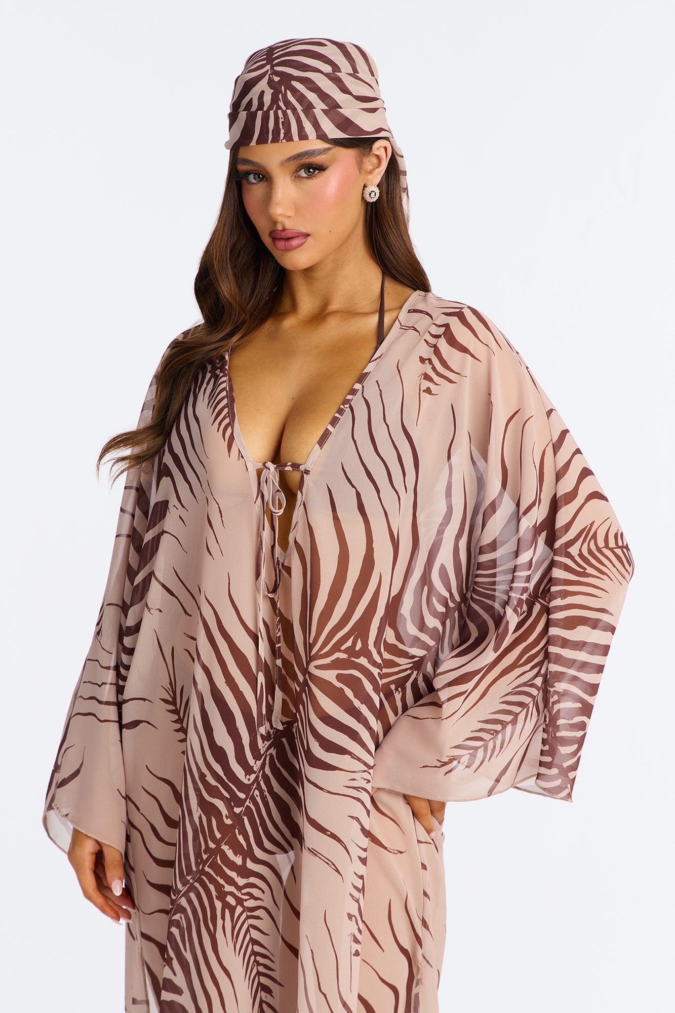 Amelie Maxi Cover Up Kaftan & Matching Headscarf - Brown/combo