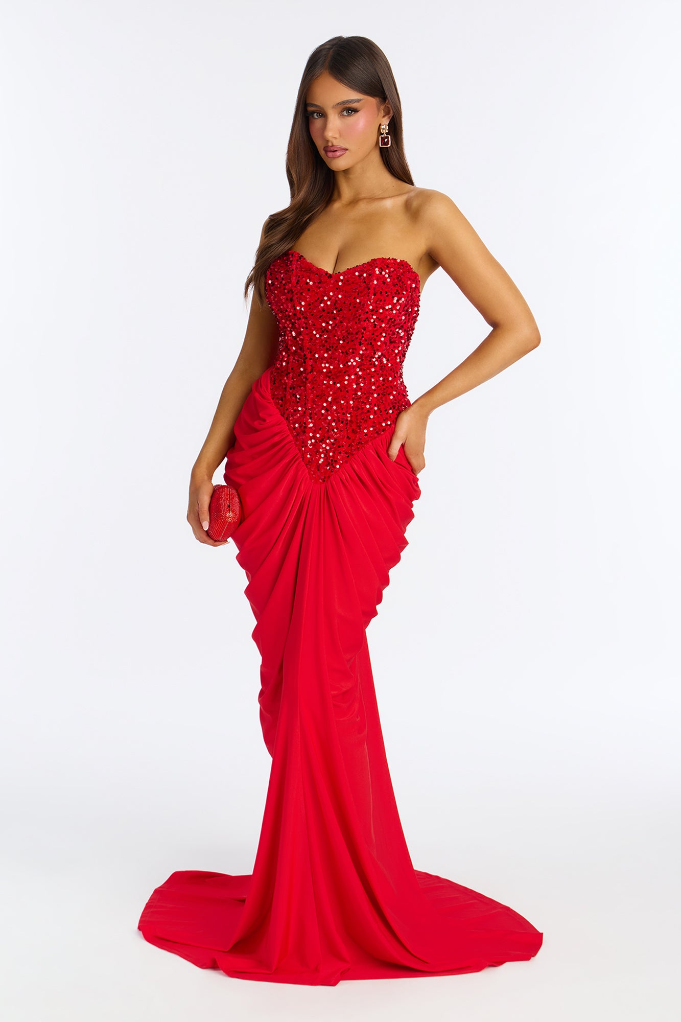 Can't Look Away Ruched Sequin Gown - Red