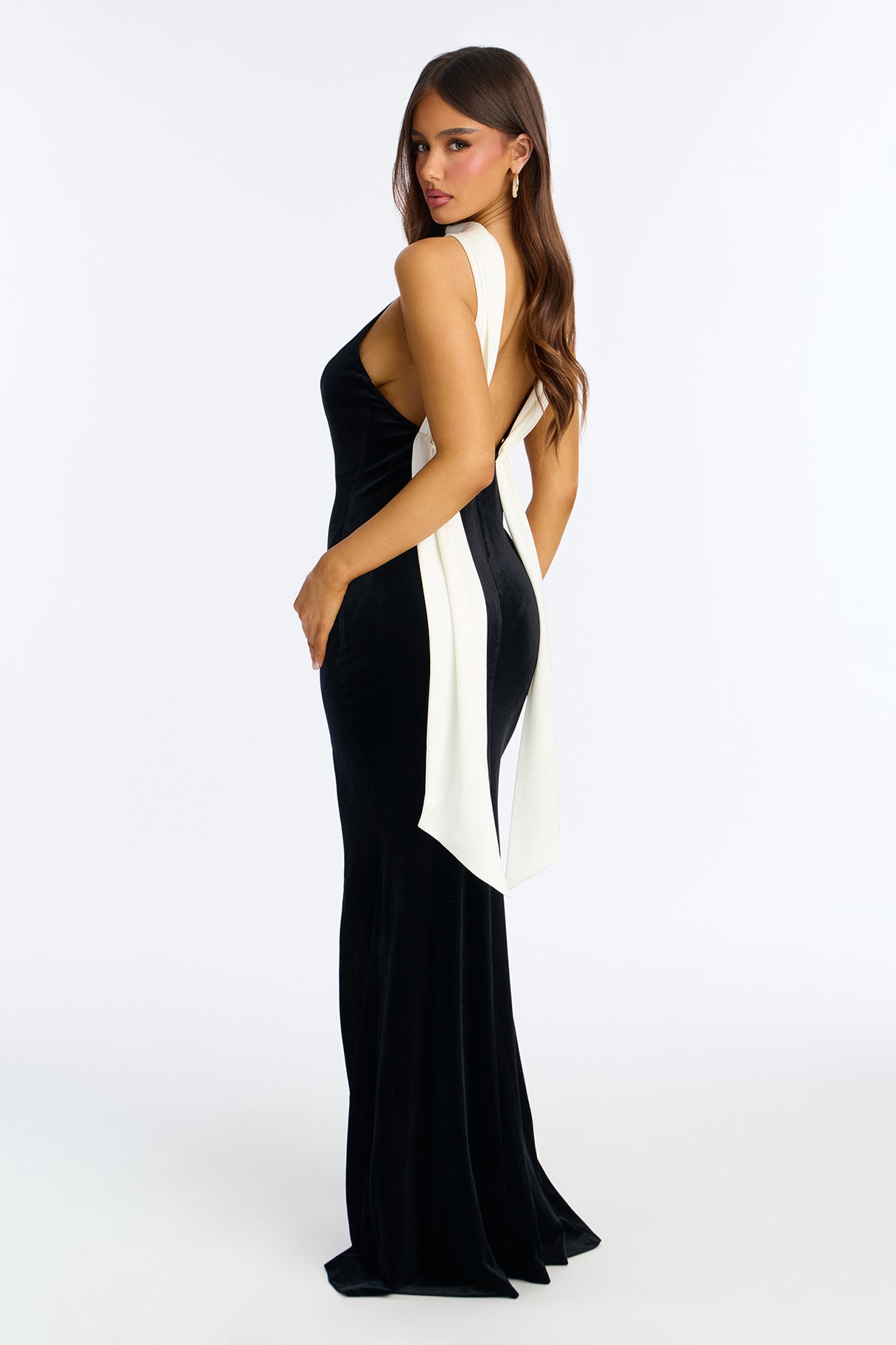 Feeling Formal Backless Velvet Gown - Black/White