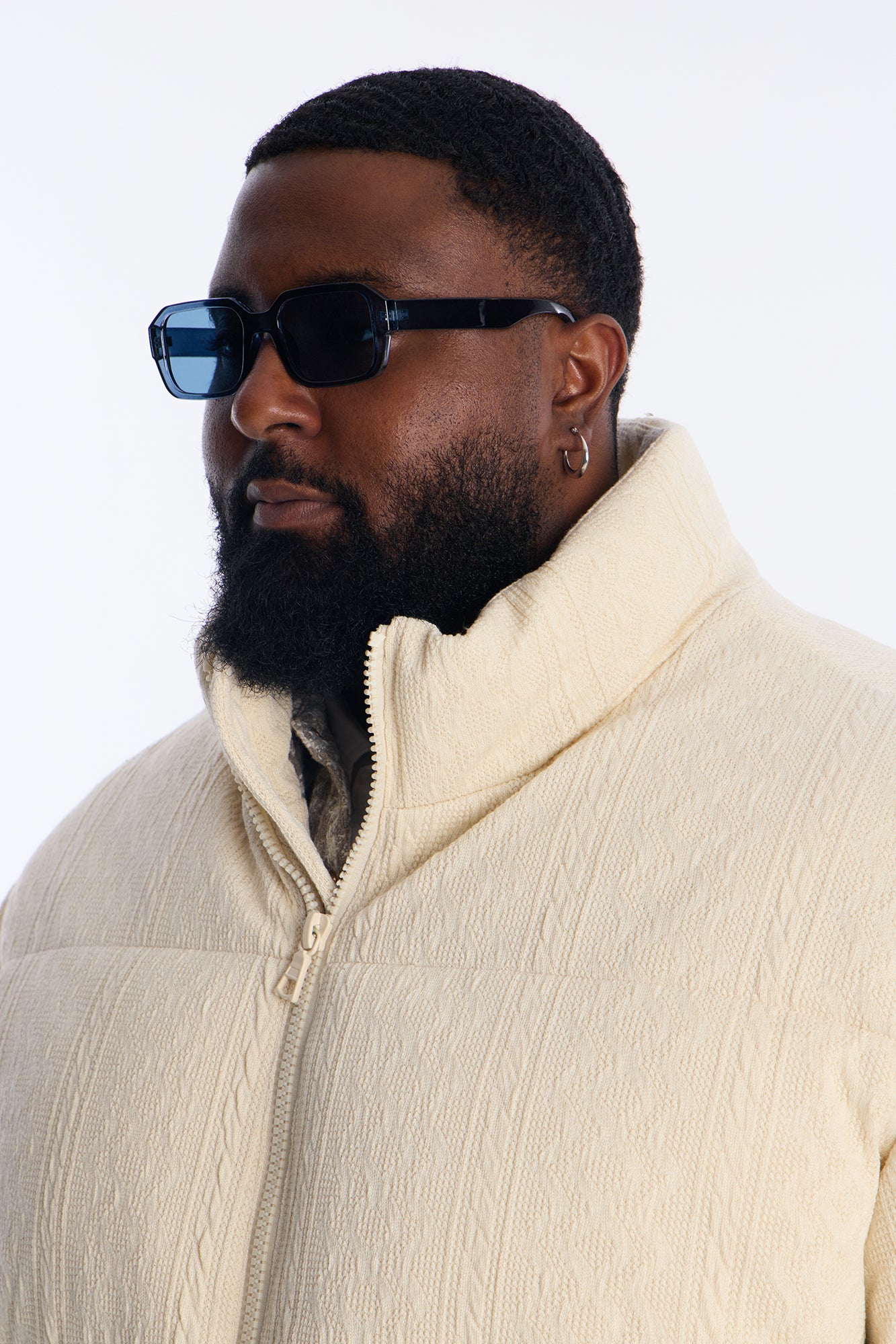 Textured Cable Knit Cabin Puffer Jacket - Cream