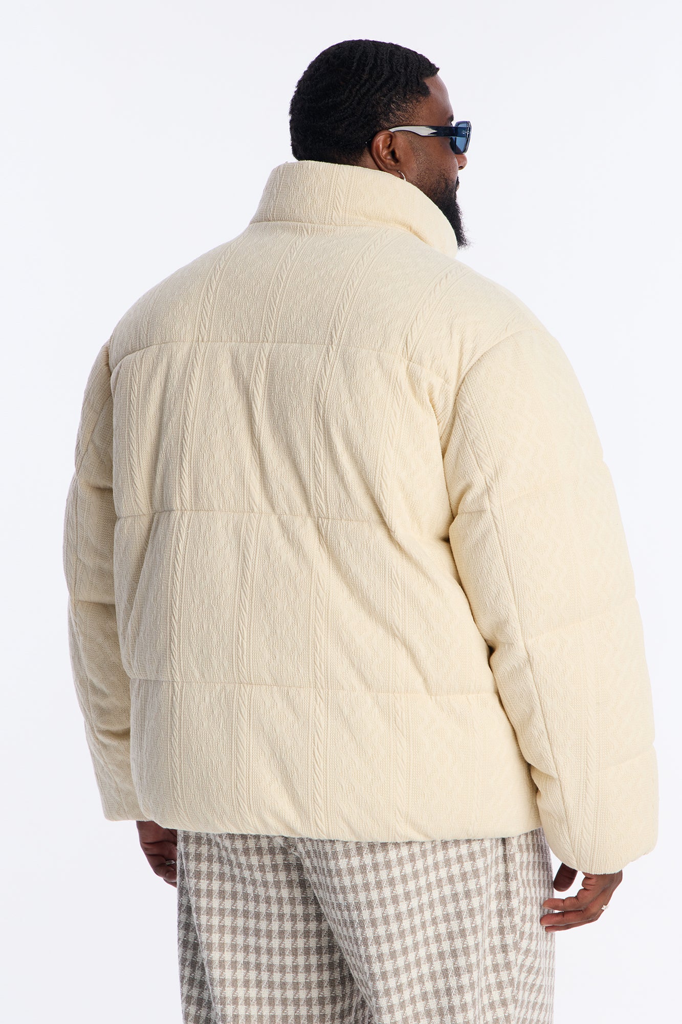 Textured Cable Knit Cabin Puffer Jacket - Cream