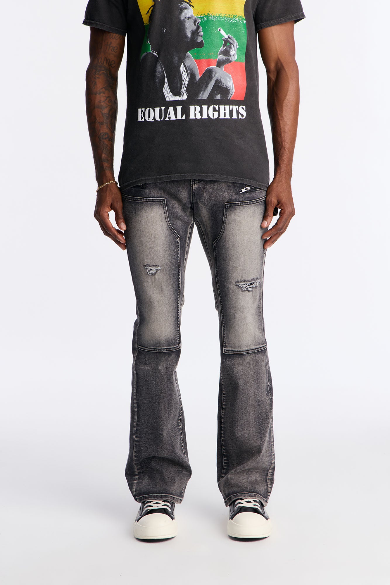 Stacked Skinny Flare Up To Me Carpenter Distressed Jean - Black Wash