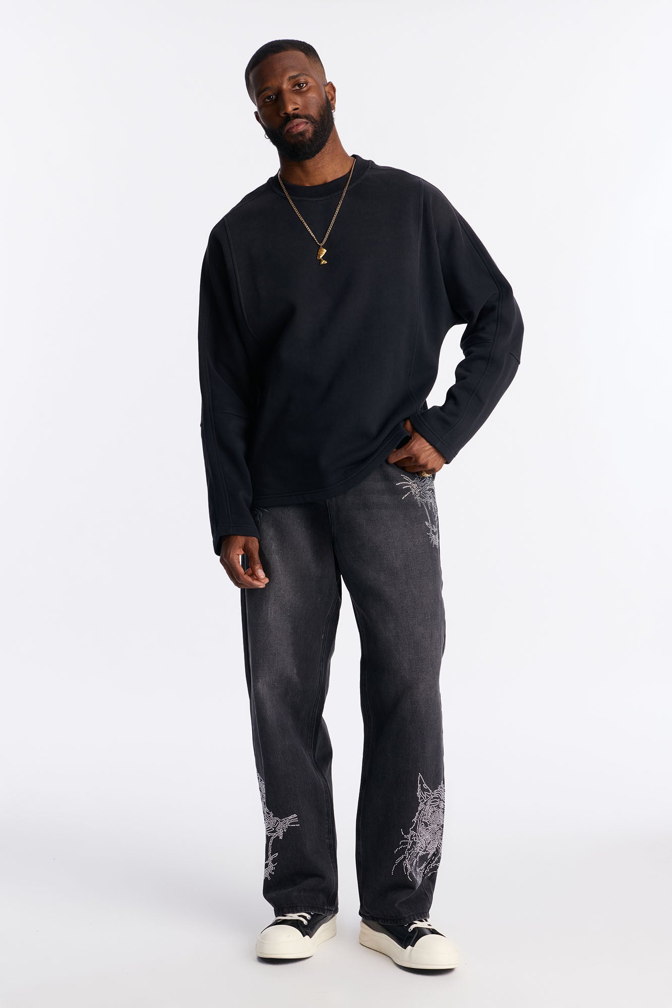 Baggy Tiger Rhinestone Jean - Black Wash