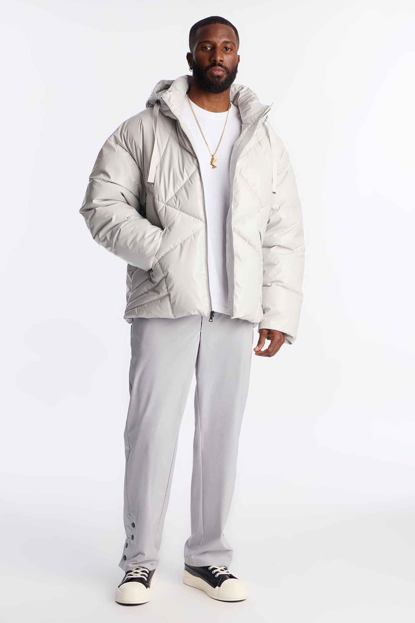 Oversized High Low Hooded Puffer Jacket - Grey
