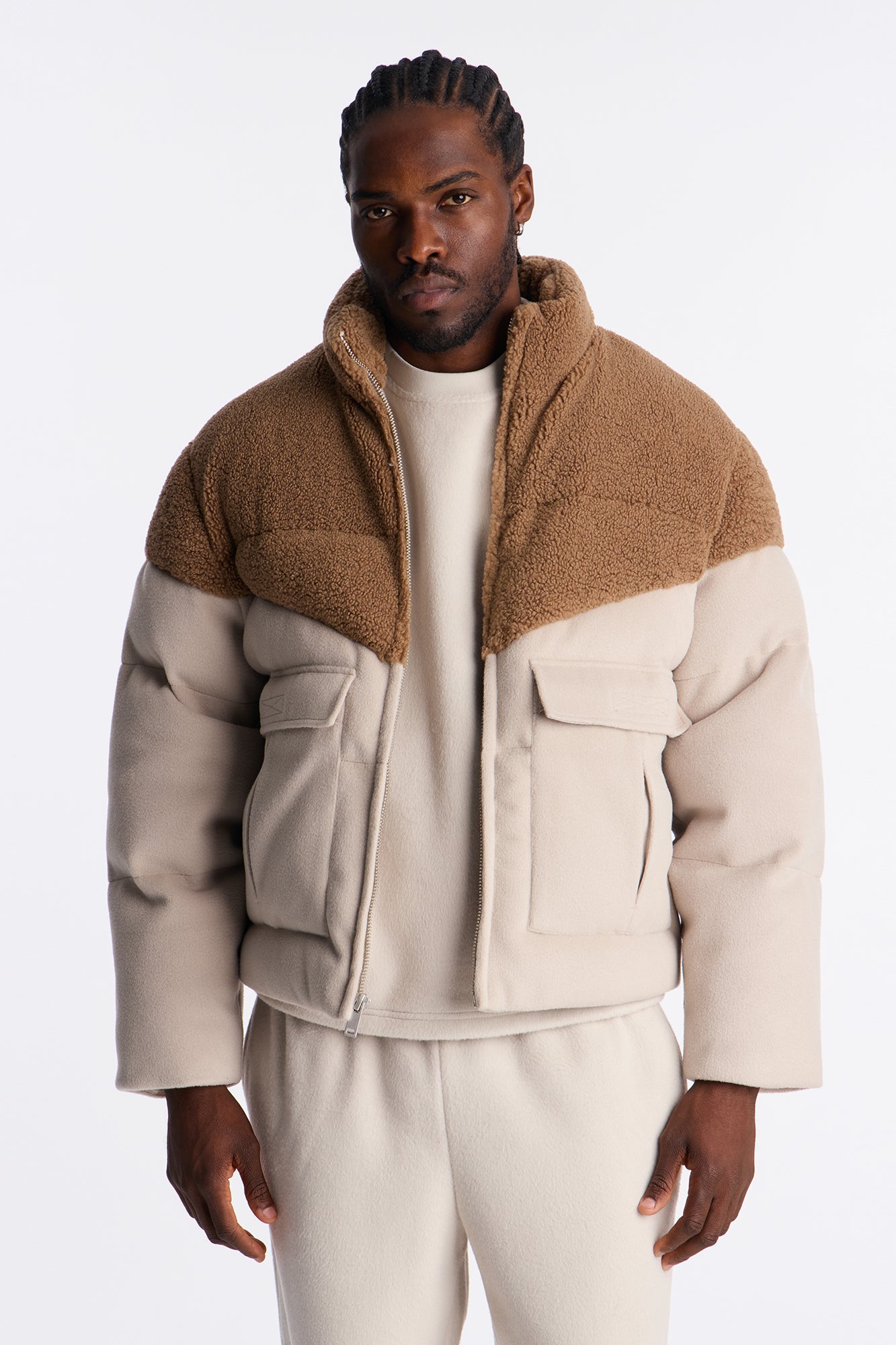 Textured Faux Fur Paneled Puffer Jacket - Beige