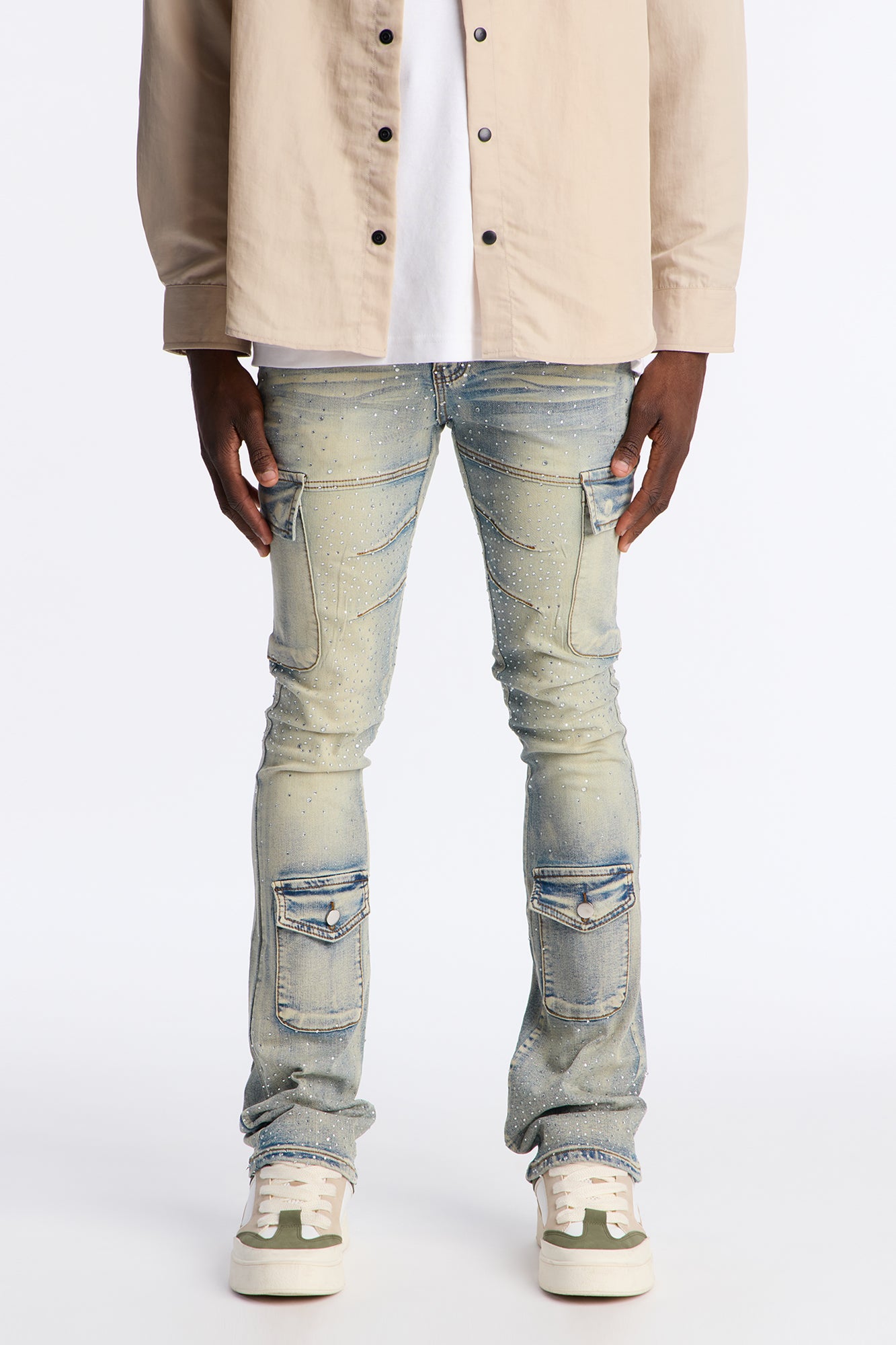 Stacked Skinny Flare Speckled Jeweled Cargo Jean - Medium Wash