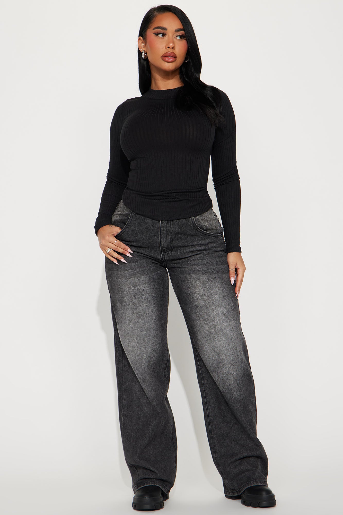 Rita Ribbed Long Sleeve Tee - Black
