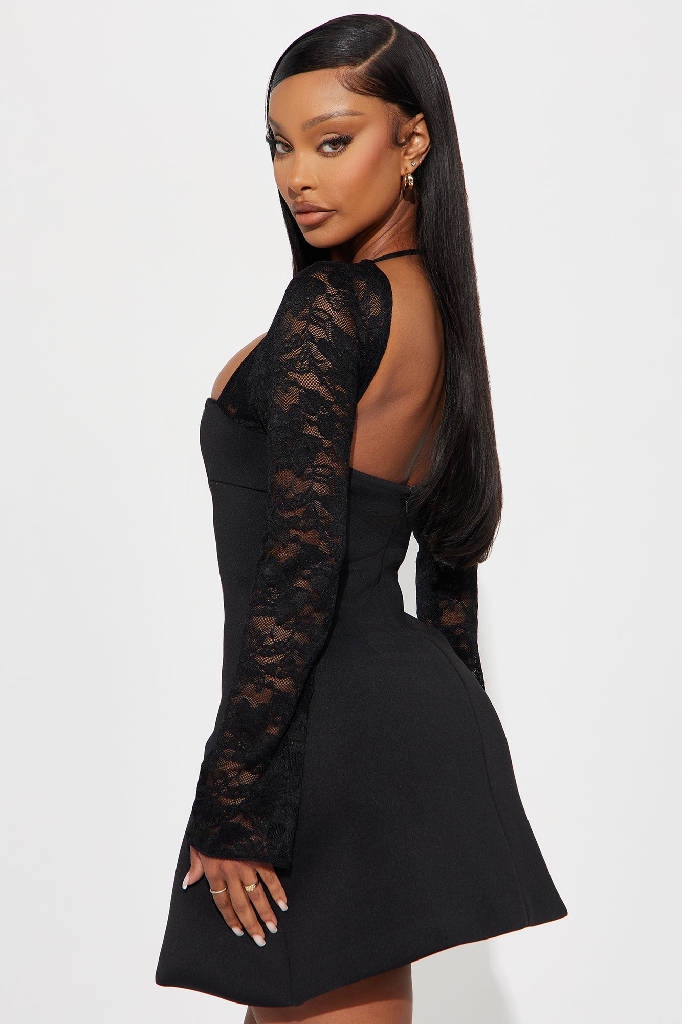 Delia Lace Long Sleeve Mini Dress - Black