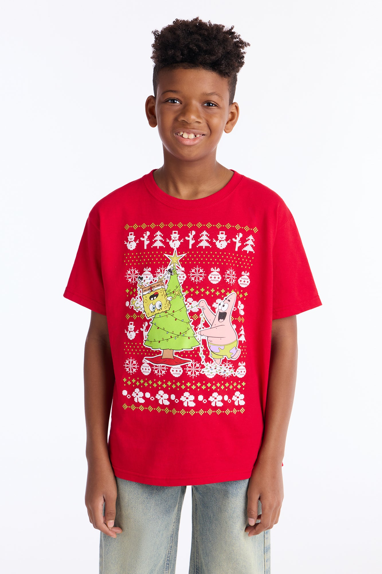 Mini Spongebob And Patrick Trimming The Tree Short Sleeve Tee - Red