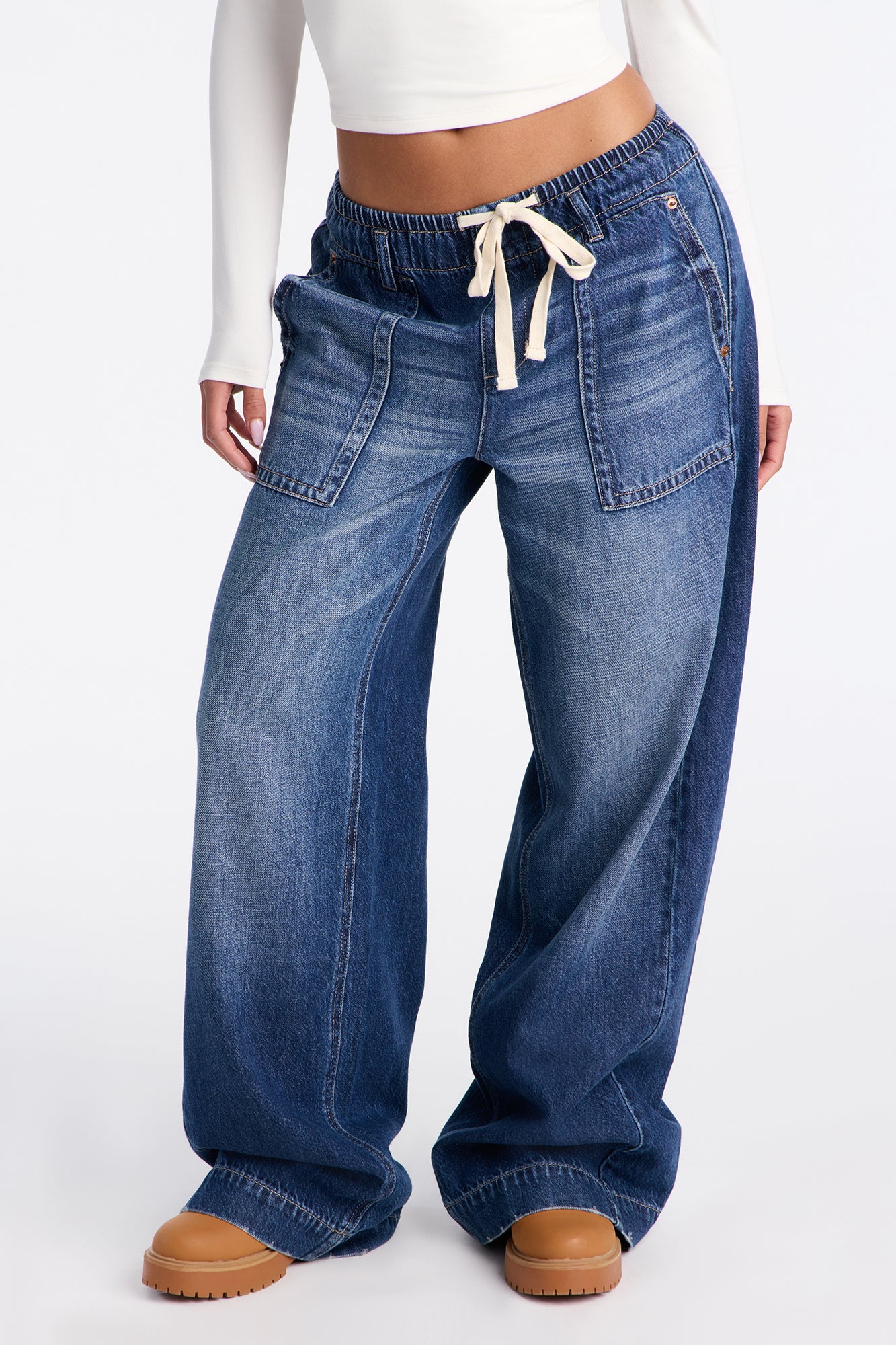 Ocean Ave Tie Waist Baggy Jeans - Dark Wash