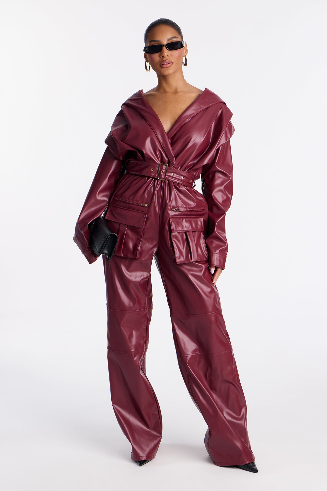Sloane Hooded Cargo Leather Jumpsuit - Burgundy