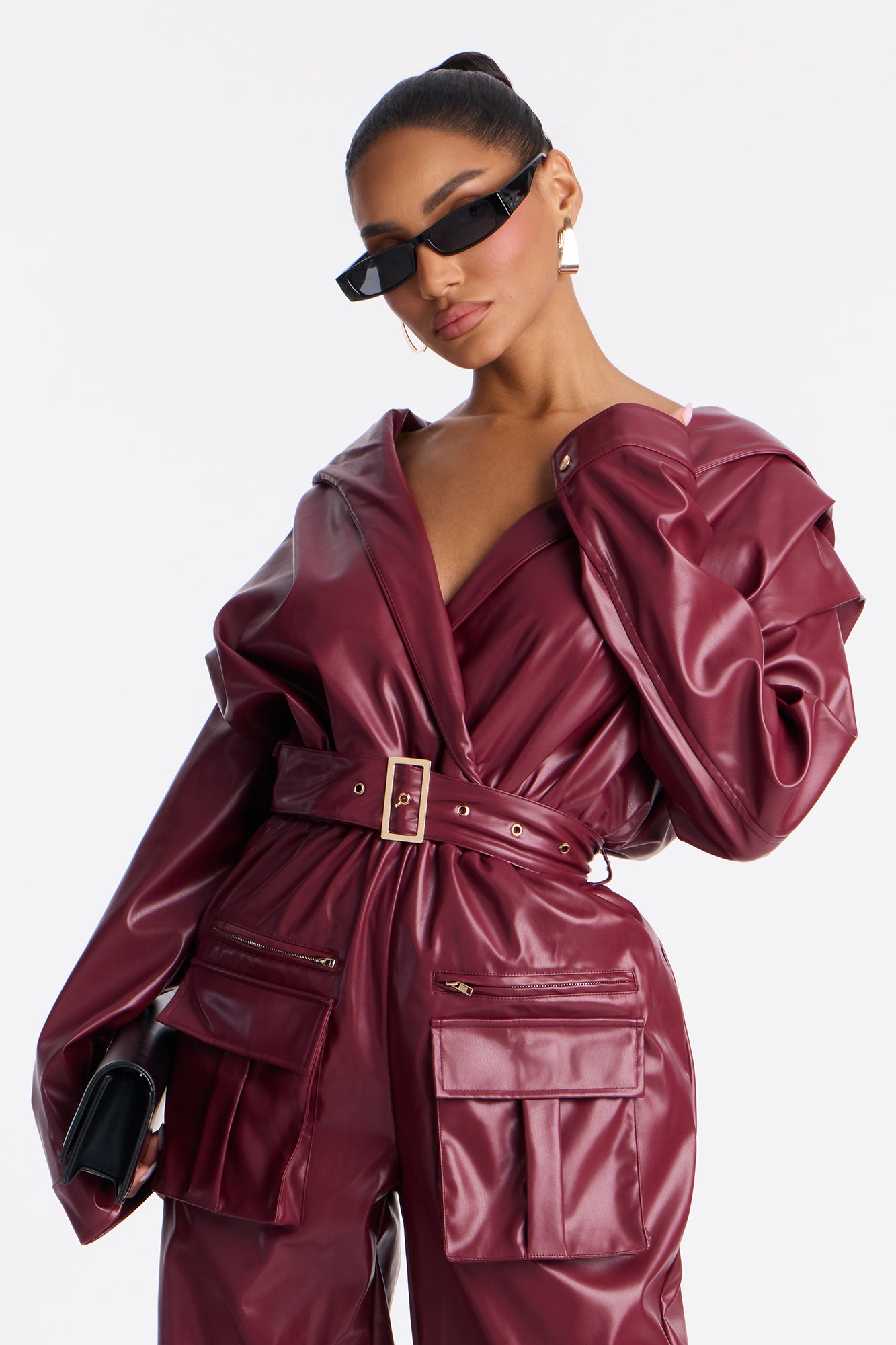 Sloane Hooded Cargo Leather Jumpsuit - Burgundy