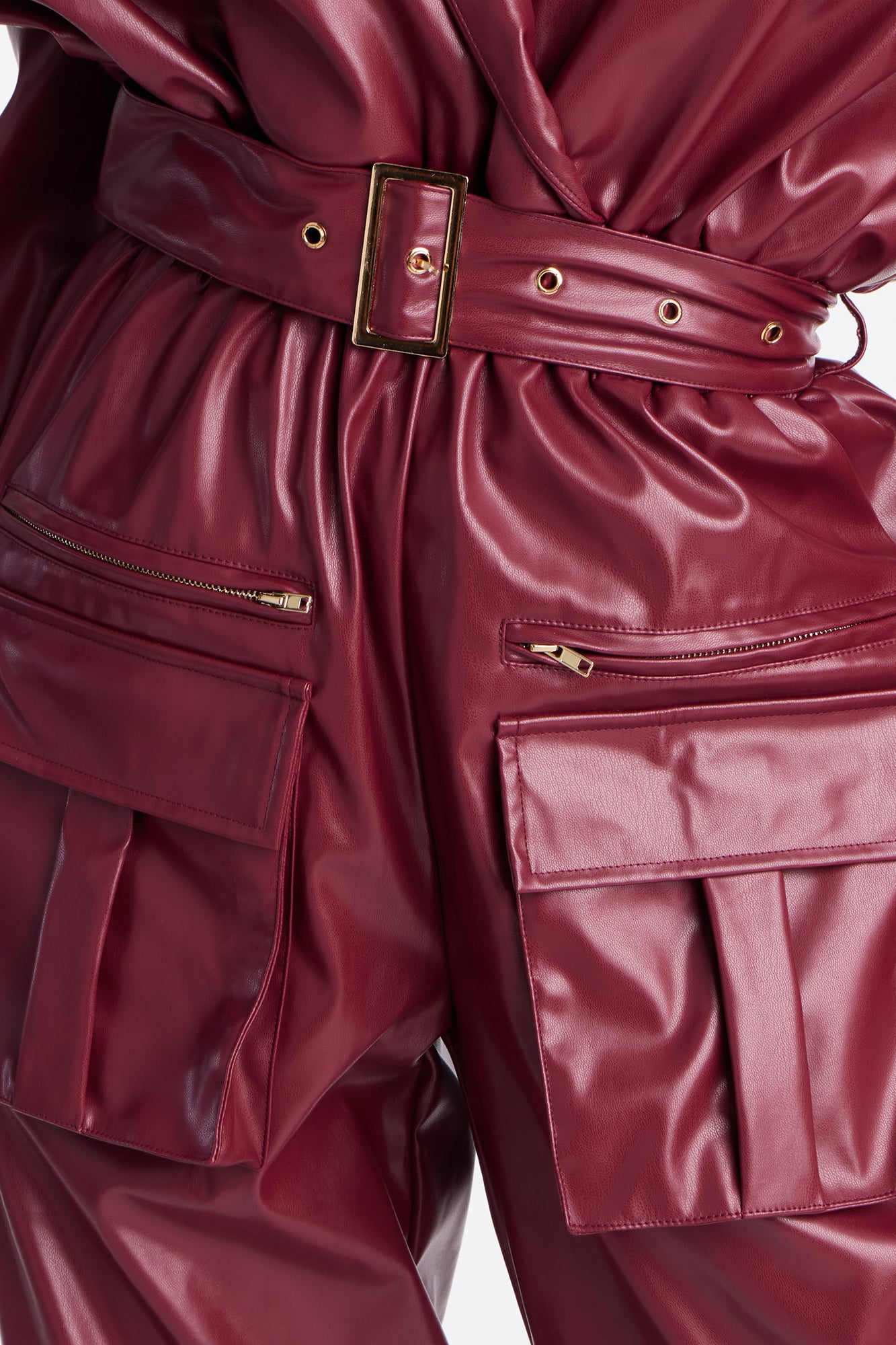 Sloane Hooded Cargo Leather Jumpsuit - Burgundy