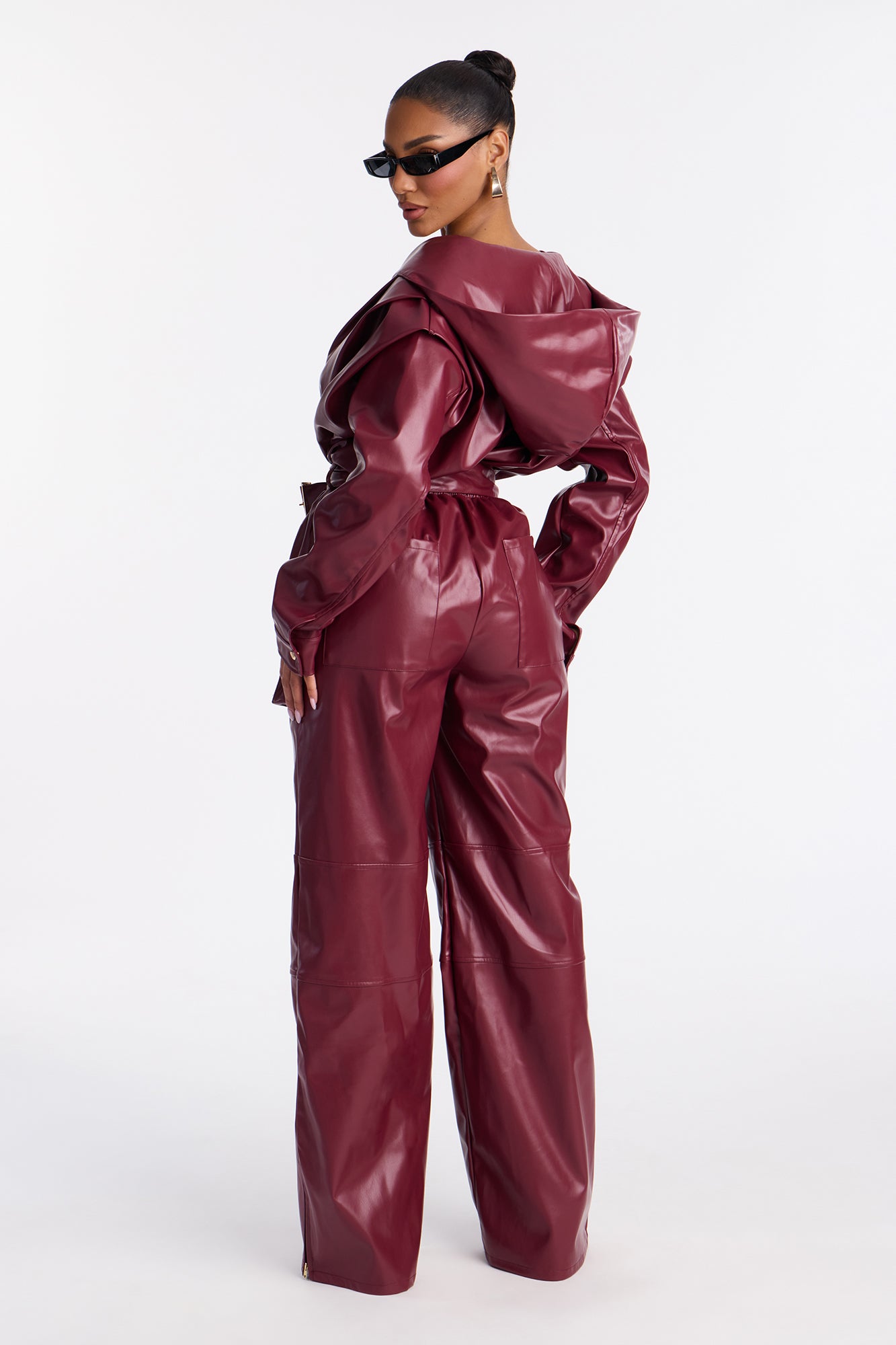 Sloane Hooded Cargo Leather Jumpsuit - Burgundy