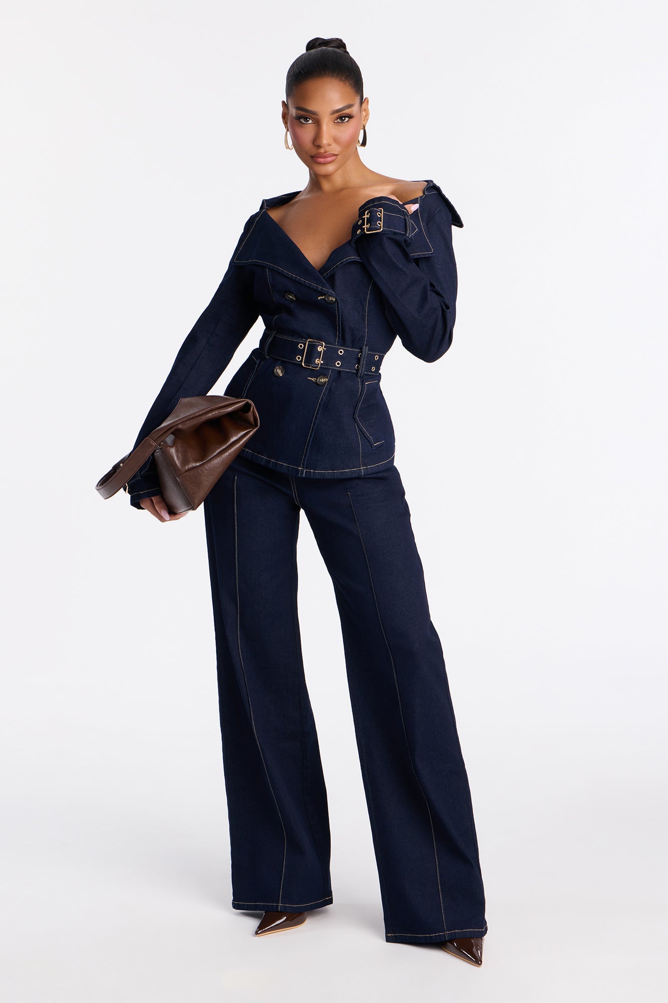 Ellanor Belted Trench Denim Pant Set - Dark Denim