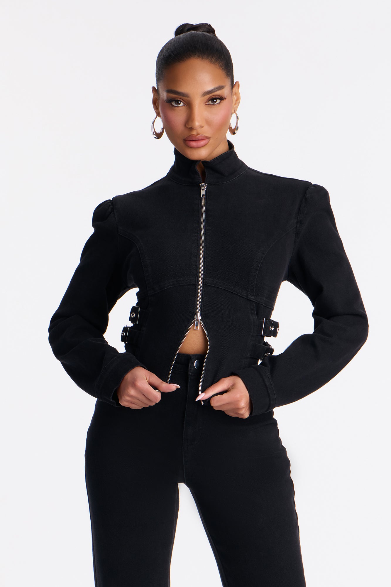 Kara Puff Sleeve Buckle Jacket Pant Set - Black