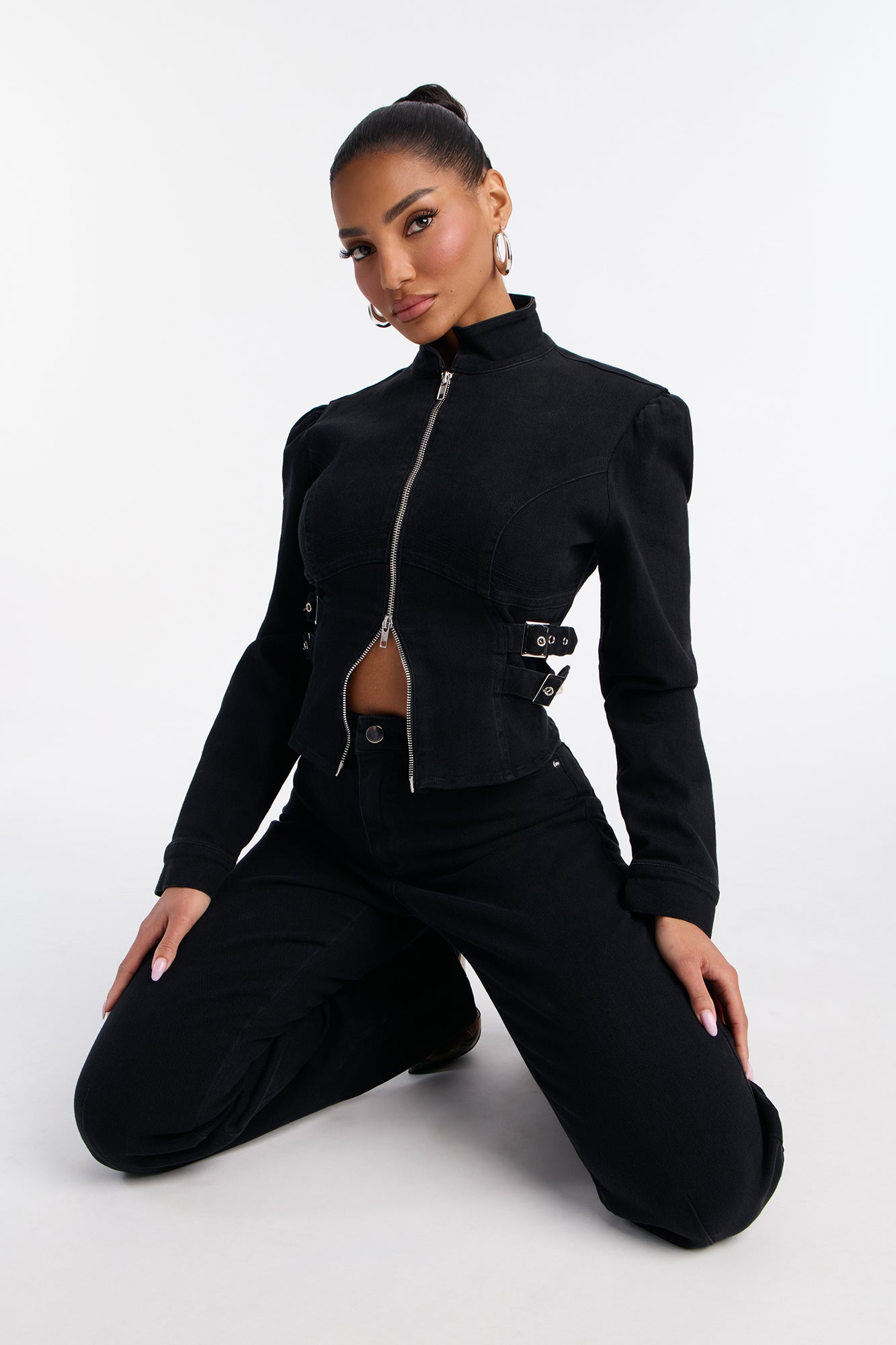 Kara Puff Sleeve Buckle Jacket Pant Set - Black