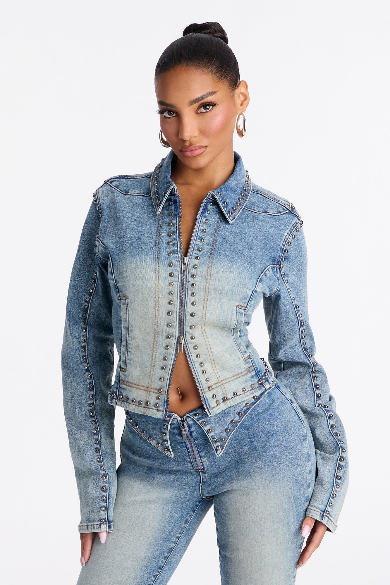 Serena Washed Denim Studded Pant Set - Medium Wash