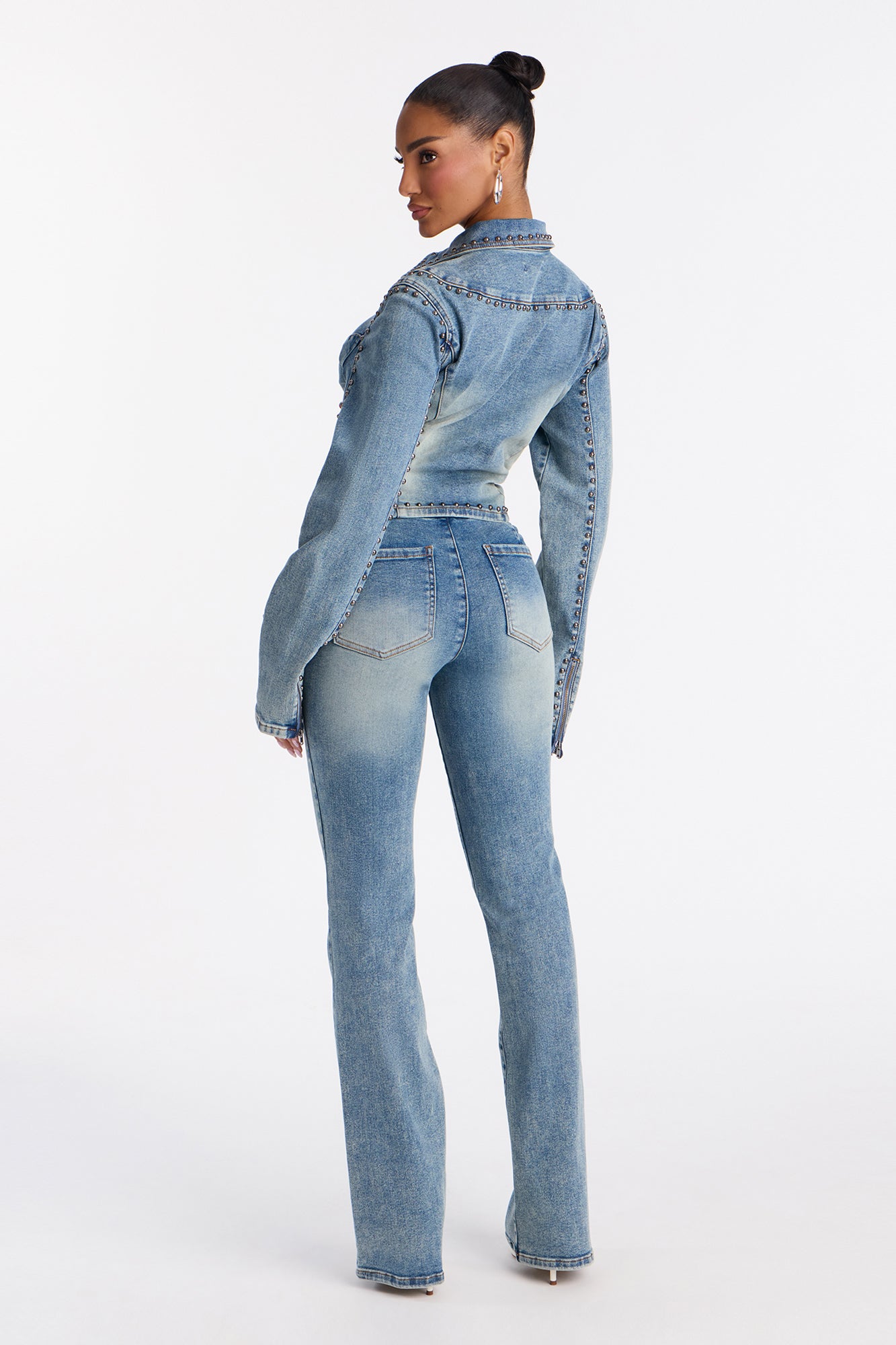 Serena Washed Denim Studded Pant Set - Medium Wash