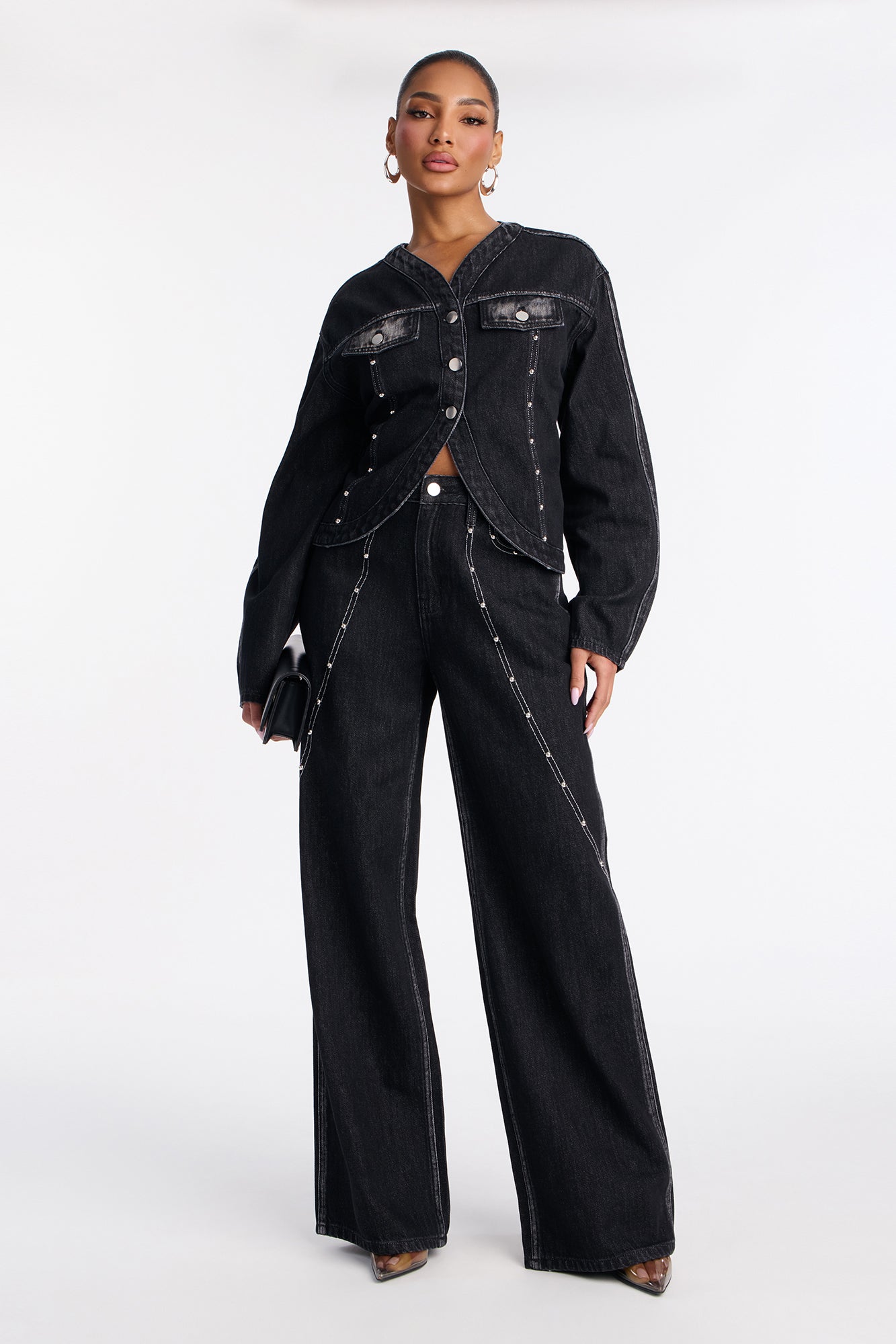 Alana Washed Studded Denim Pant Set - Dark Denim