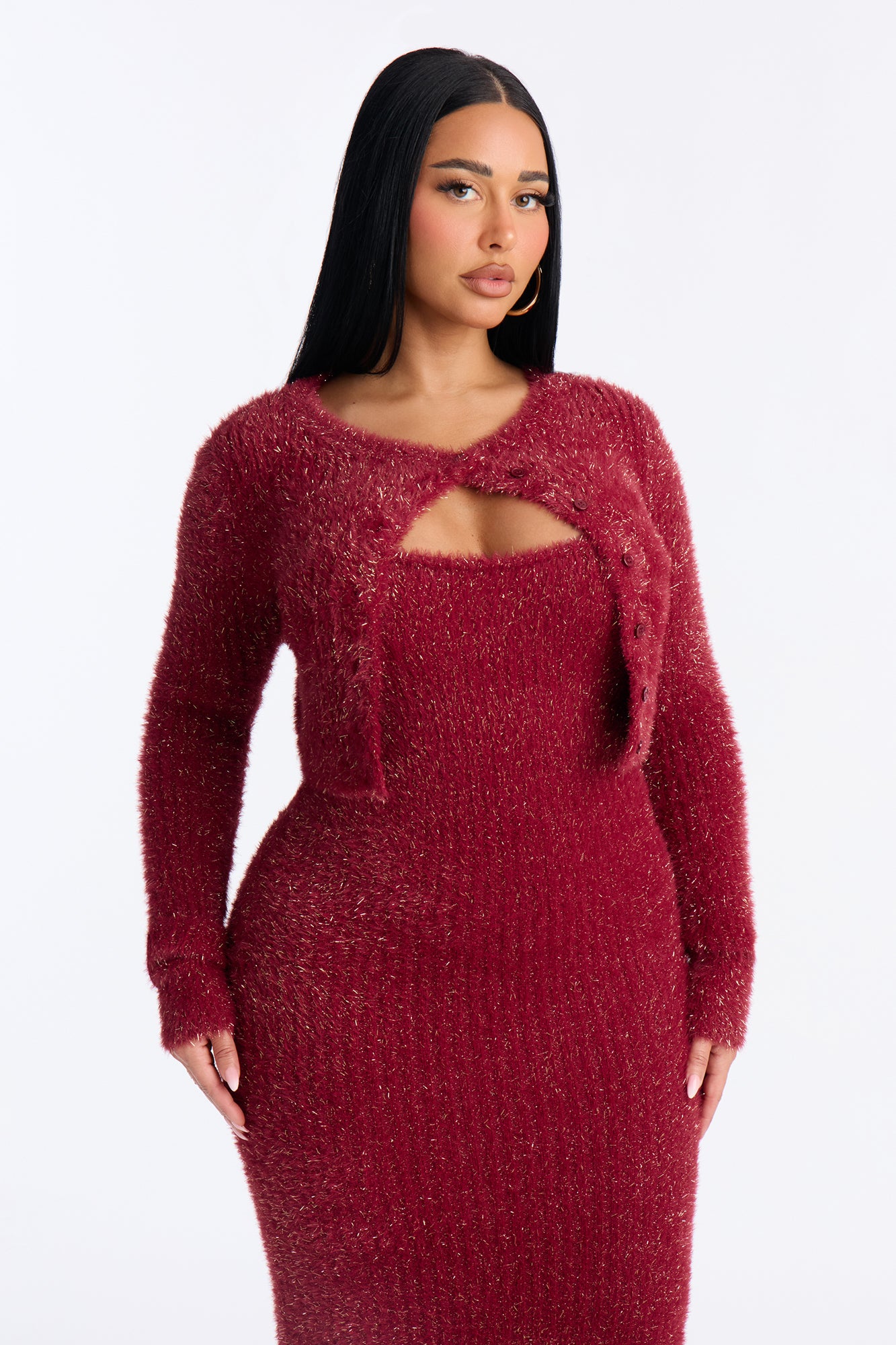 Cozied Up 2 Piece Maxi Dress Set - Burgundy