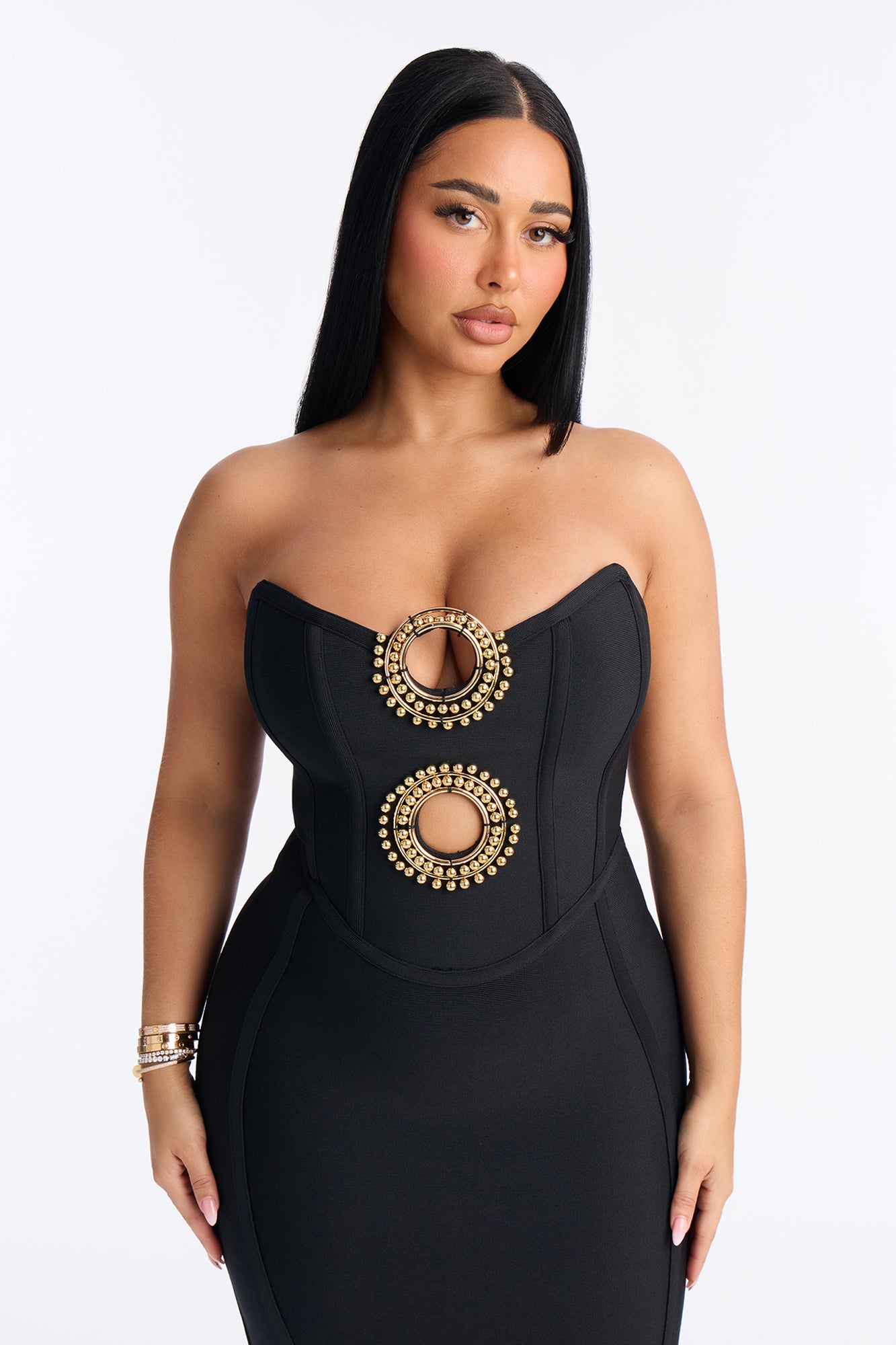 Rising Sun Strapless Bandage Midi Dress - Black