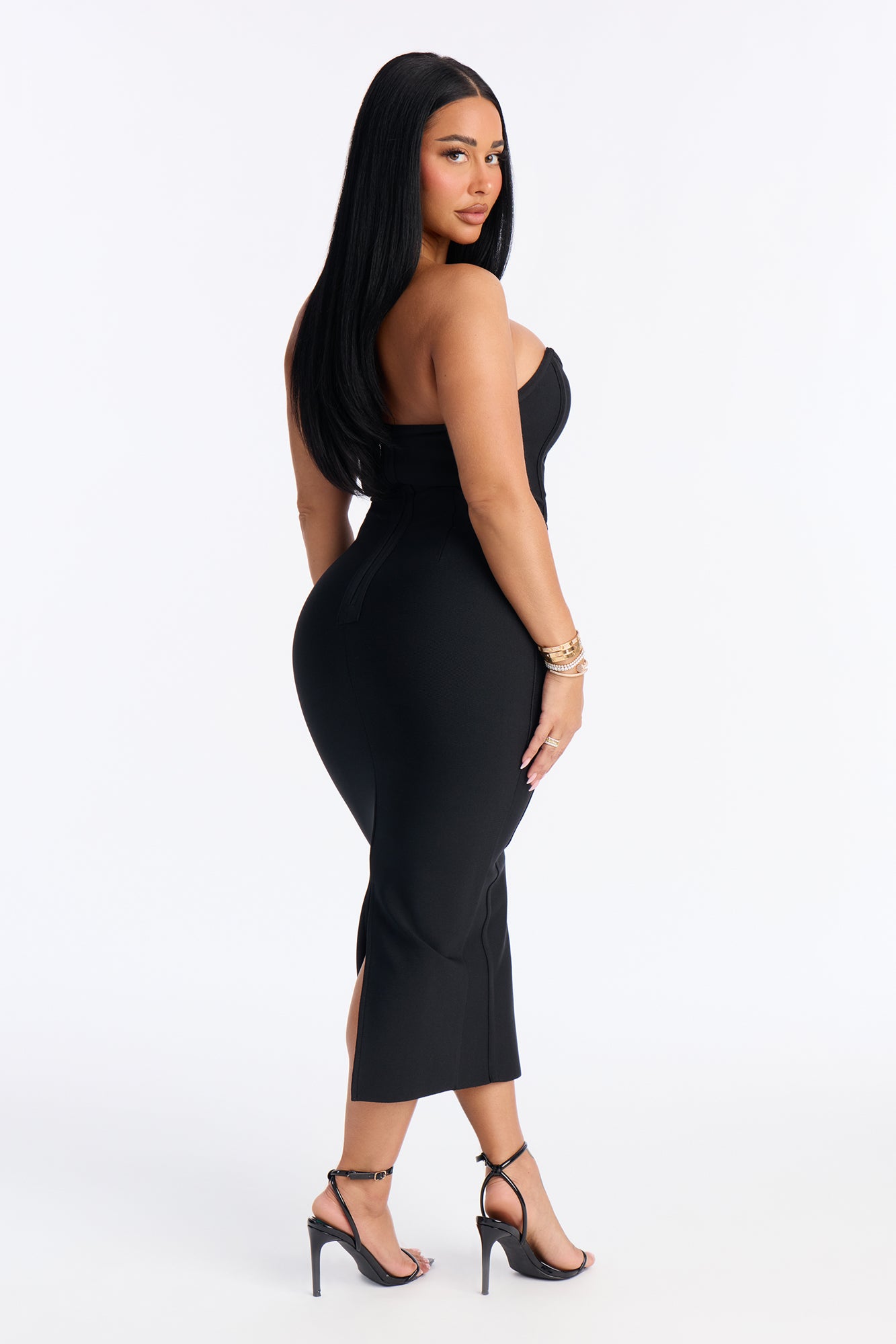 Rising Sun Strapless Bandage Midi Dress - Black