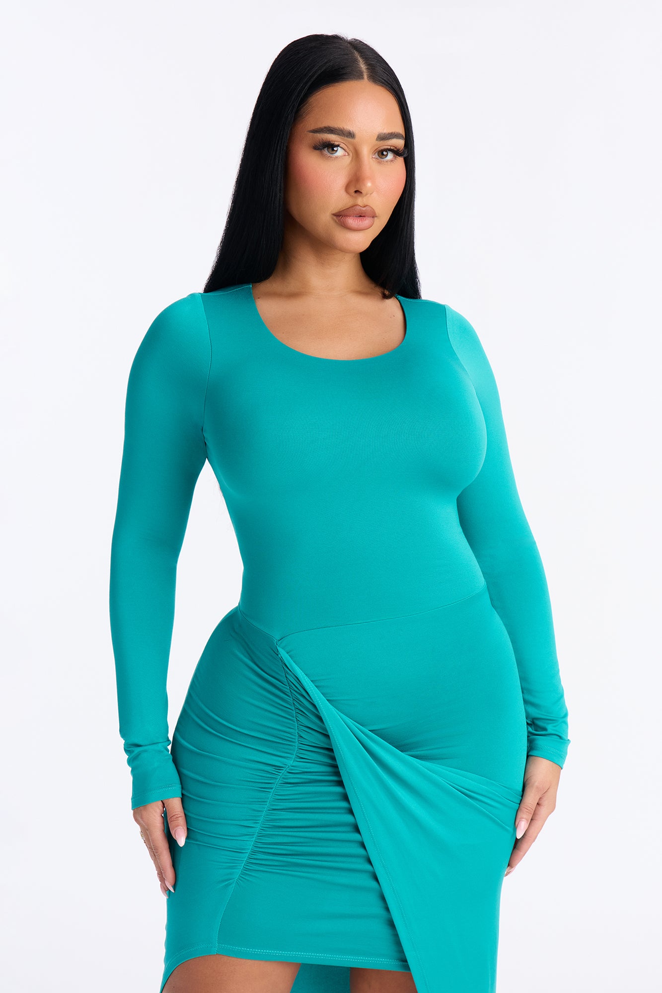 Lillien Ruched Draped Midi Dress - Teal