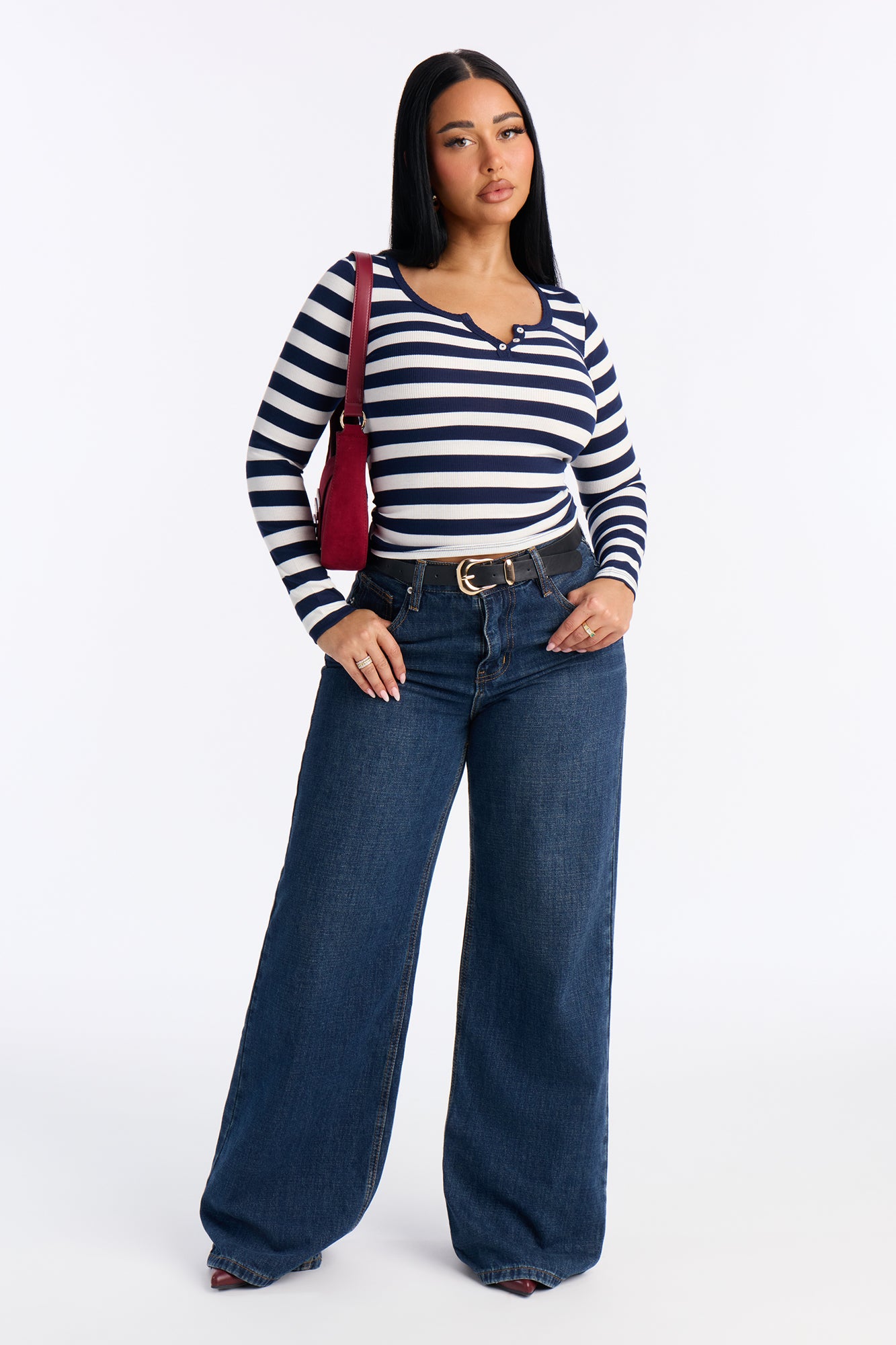 Katherine Striped Long Sleeve Top - Navy