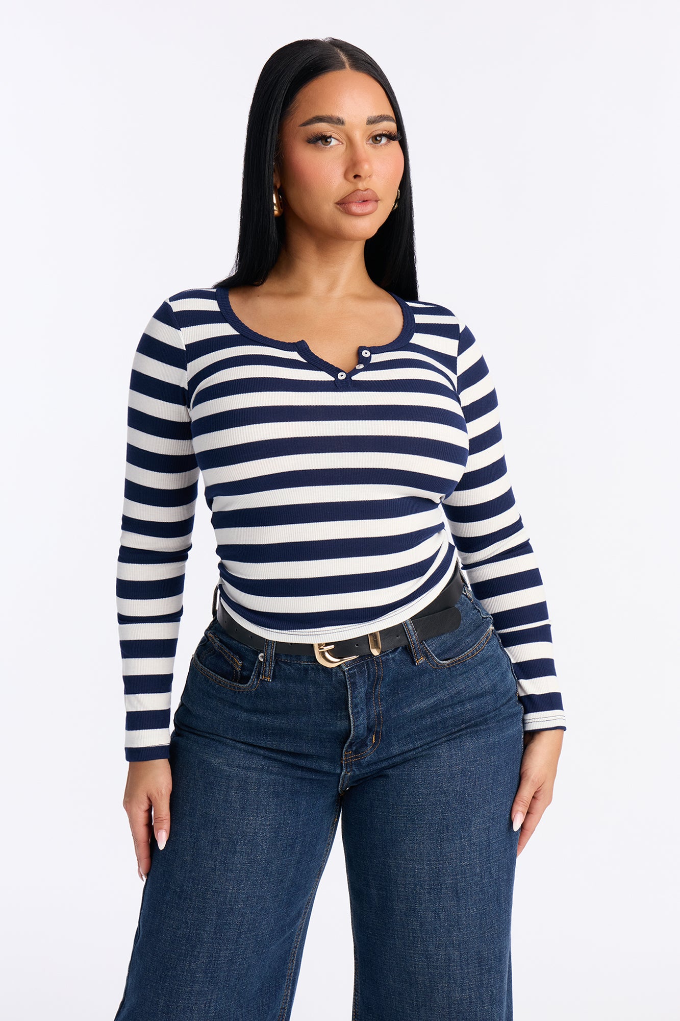 Katherine Striped Long Sleeve Top - Navy
