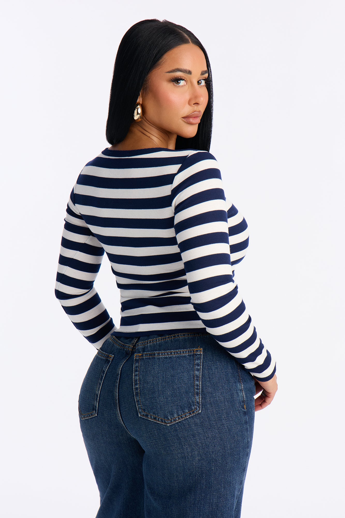 Katherine Striped Long Sleeve Top - Navy