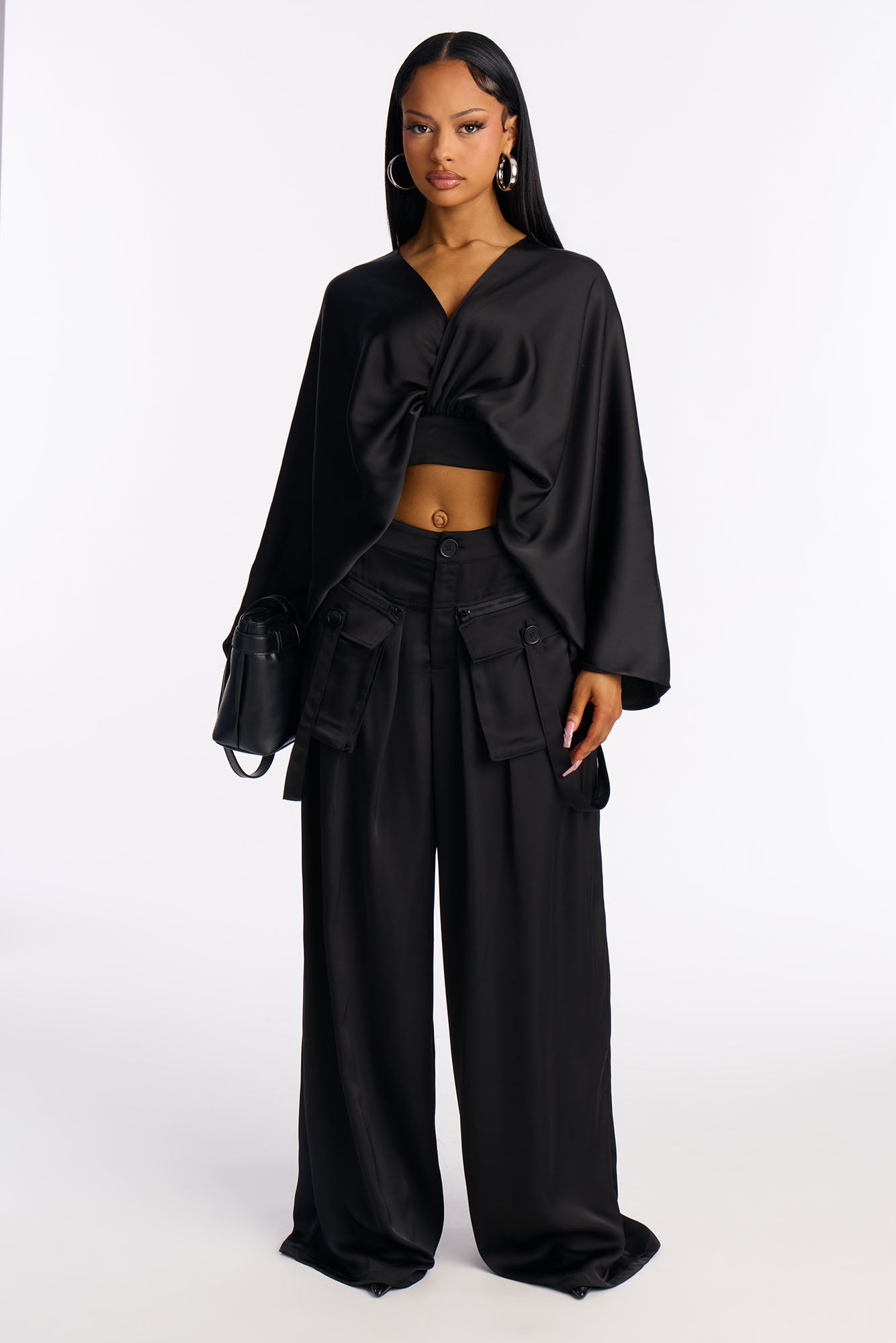 Farrah Satin Cargo Pant Set - Black
