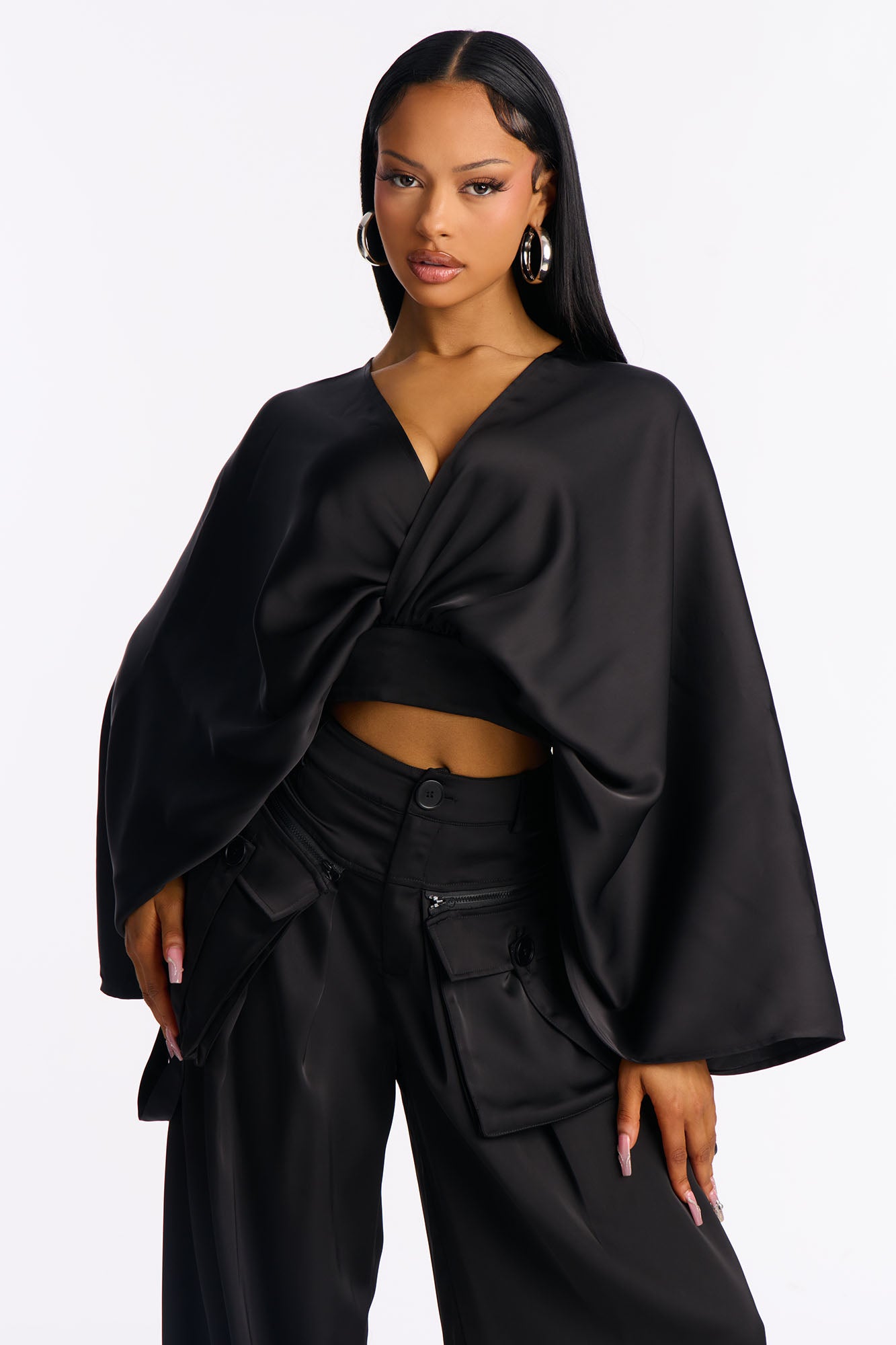 Farrah Satin Cargo Pant Set - Black