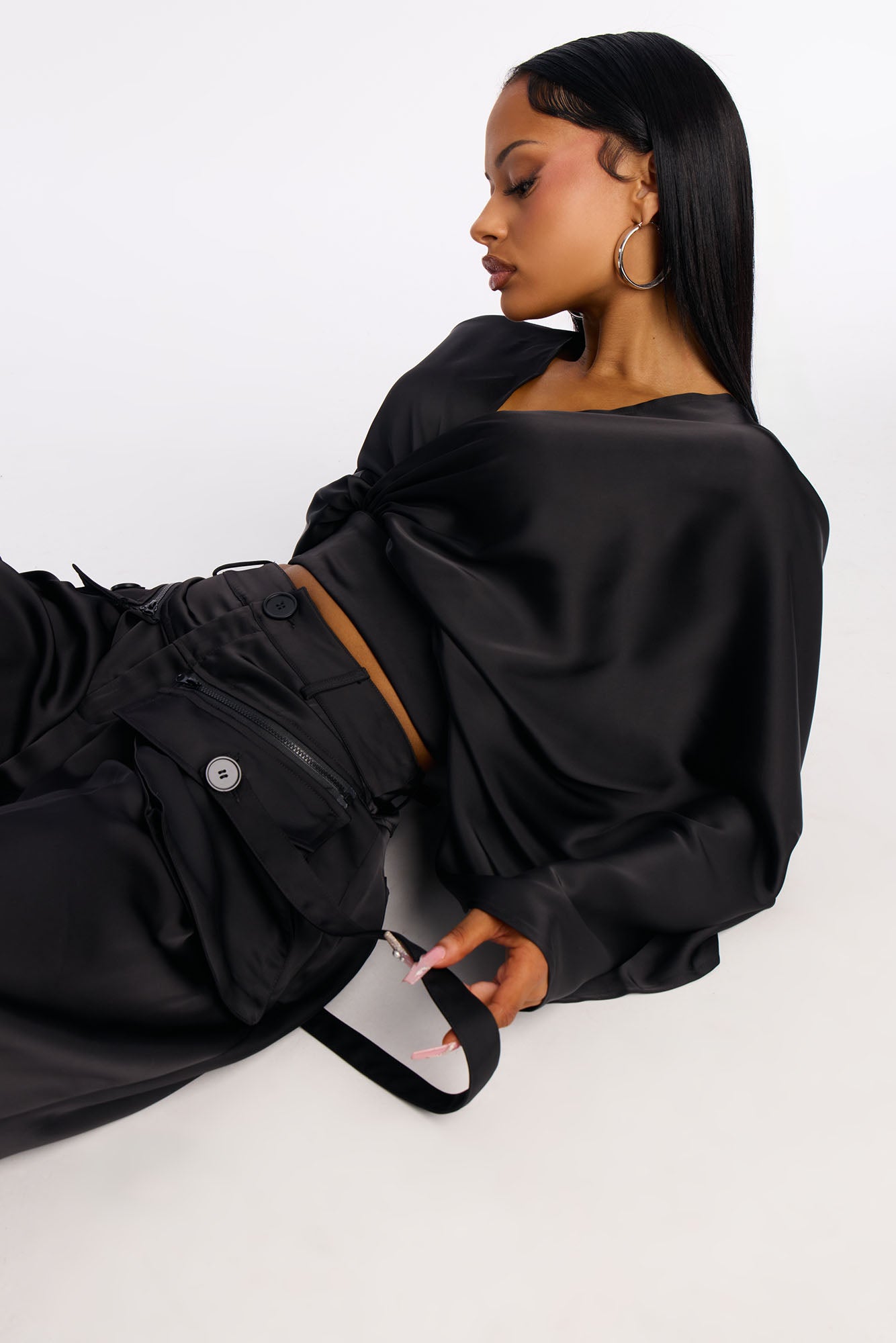 Farrah Satin Cargo Pant Set - Black