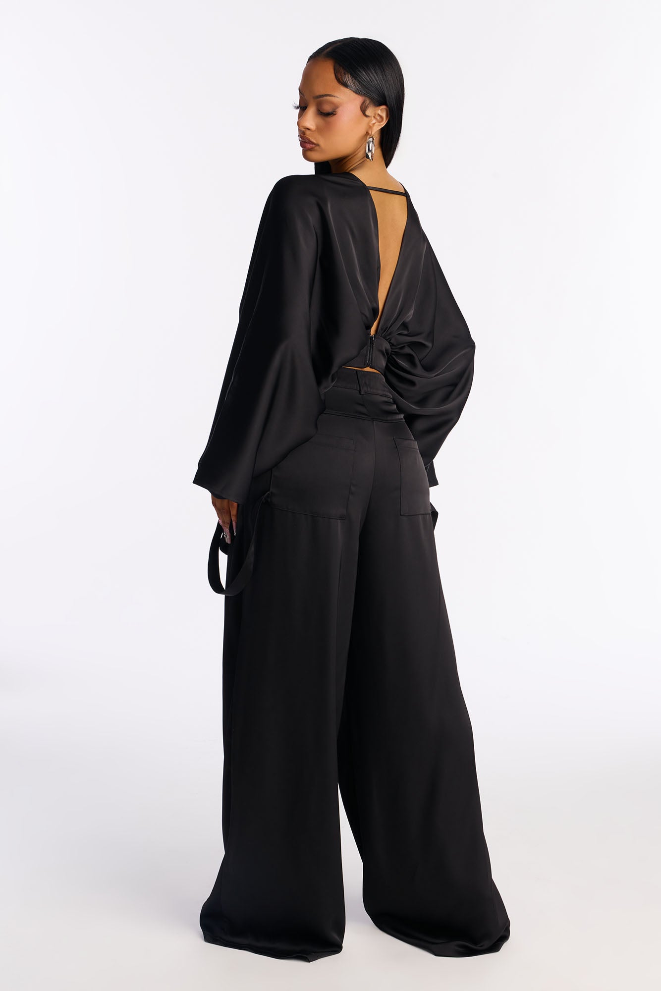 Farrah Satin Cargo Pant Set - Black