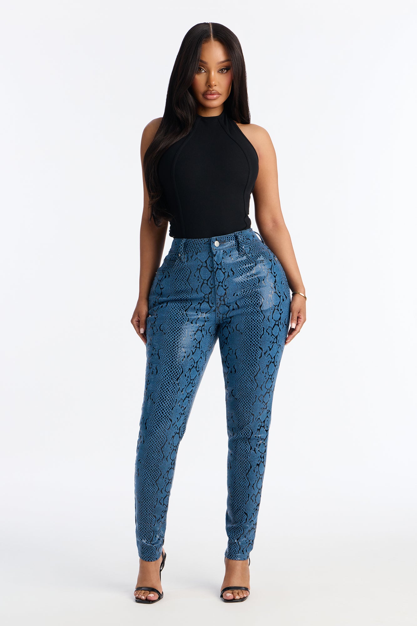 Sassy Snake Print Foil Skinny Jeans - Blue/Black