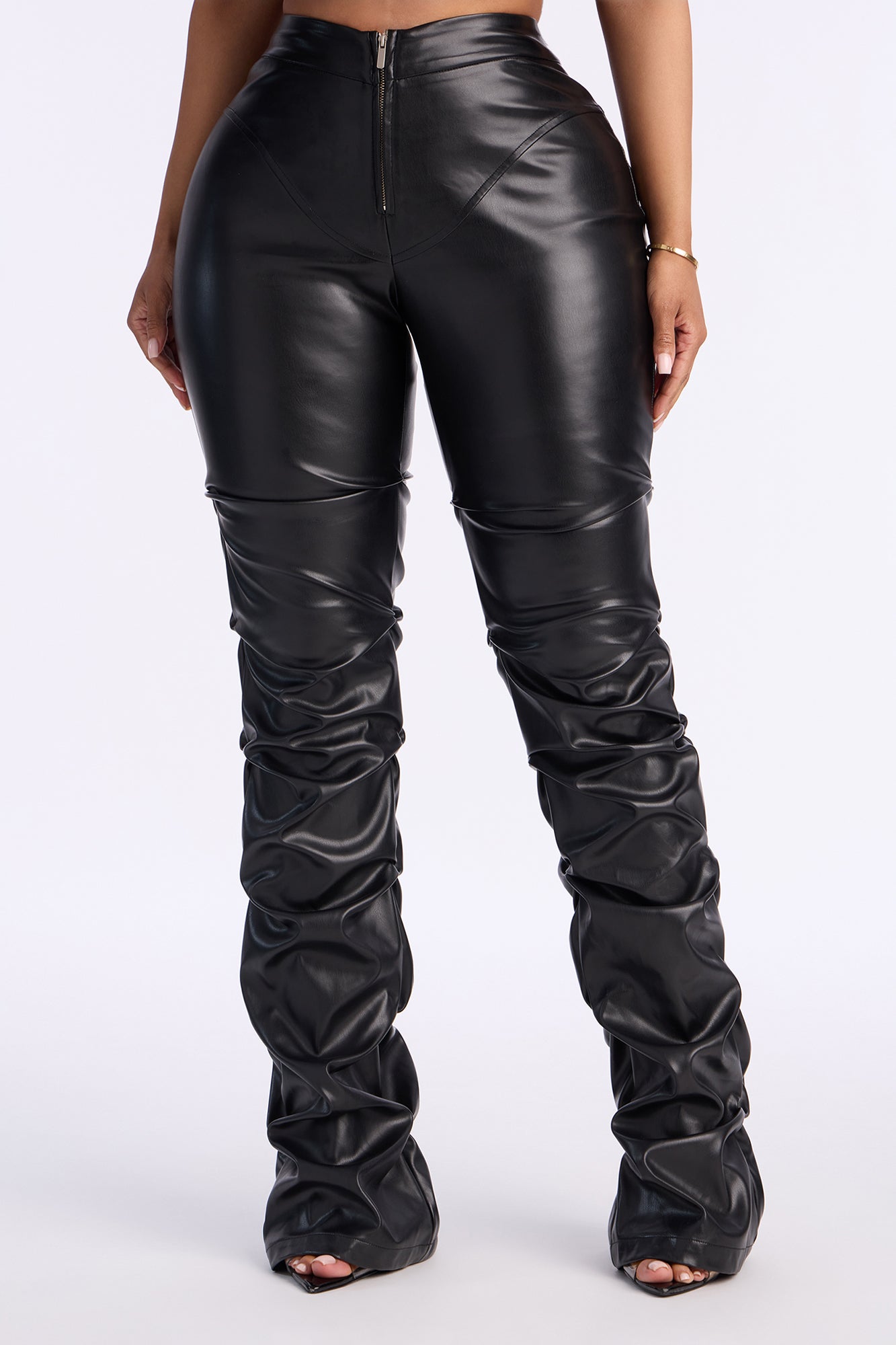 Kendra Faux Leather Stacked Pant - Black
