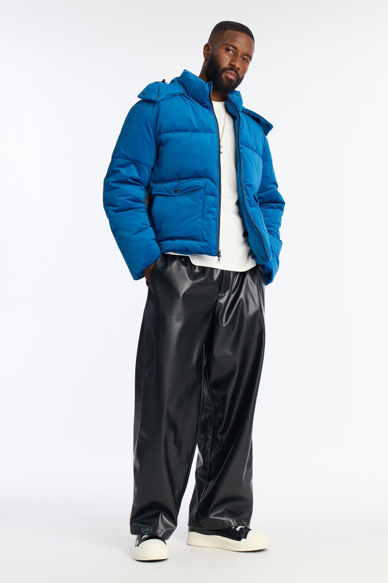 Cropped Hooded Velvet Classic Puffer Jacket - Blue