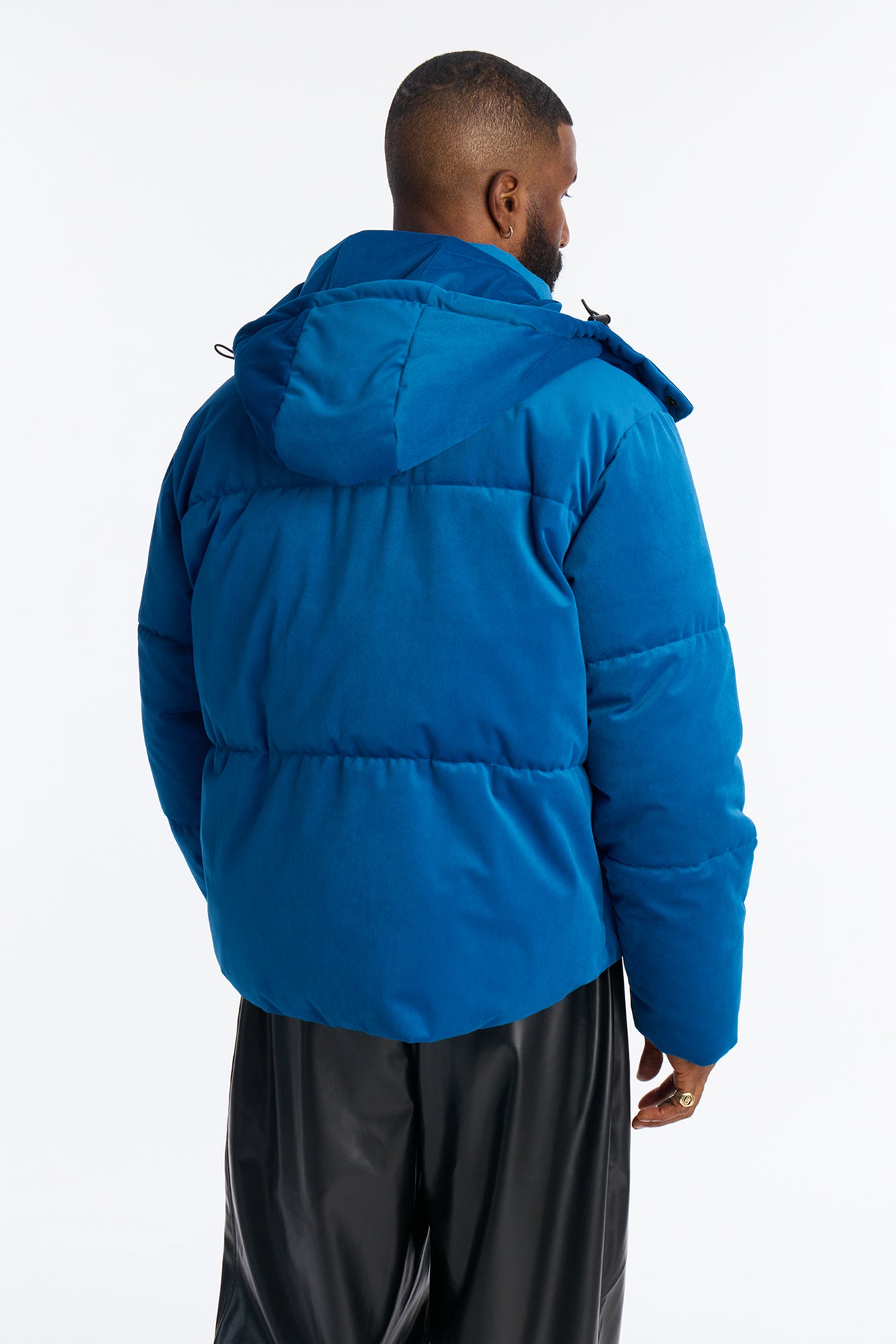 Cropped Hooded Velvet Classic Puffer Jacket - Blue