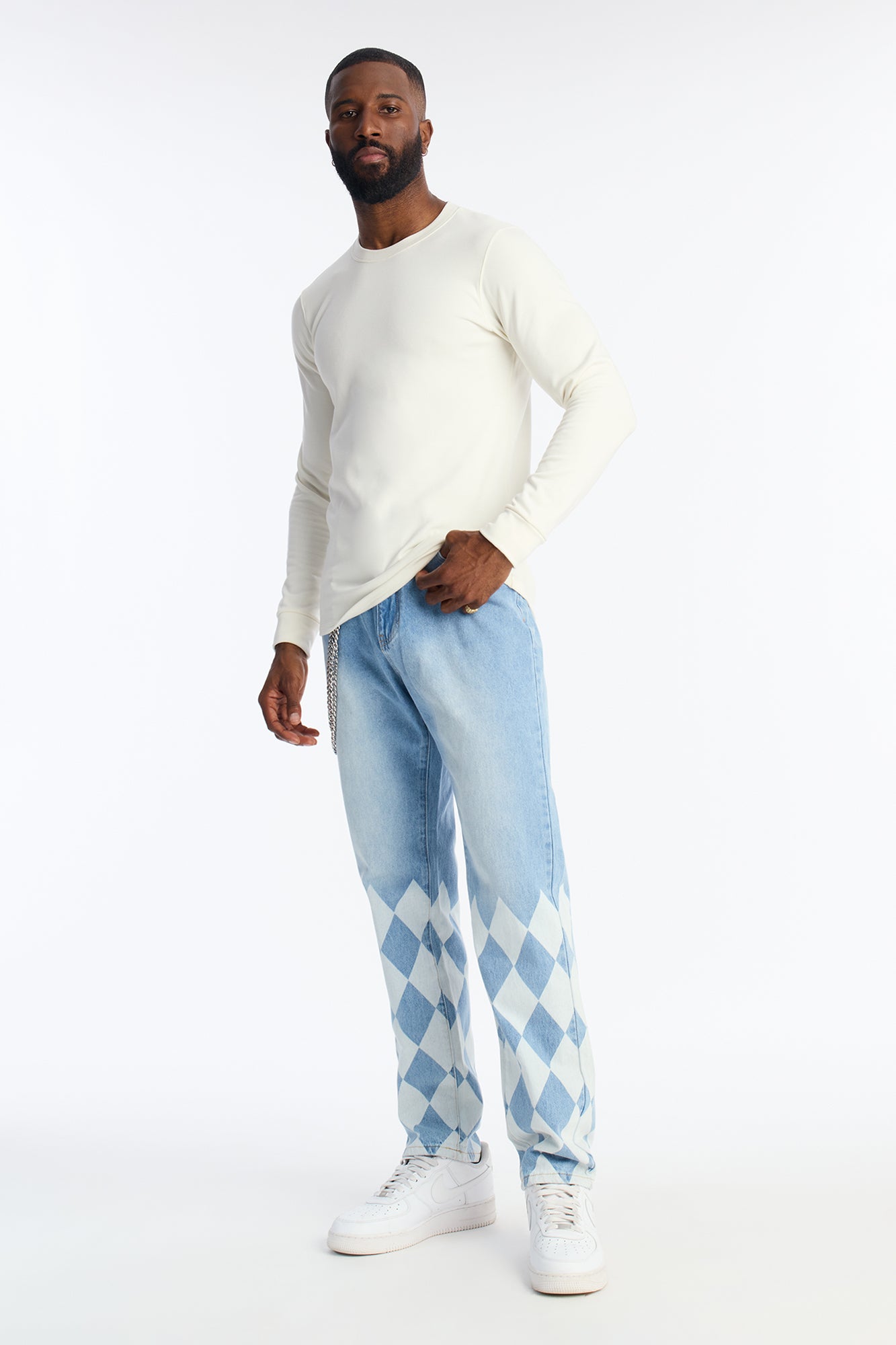 Slim Diamond Pattern Jean - Light Blue Wash