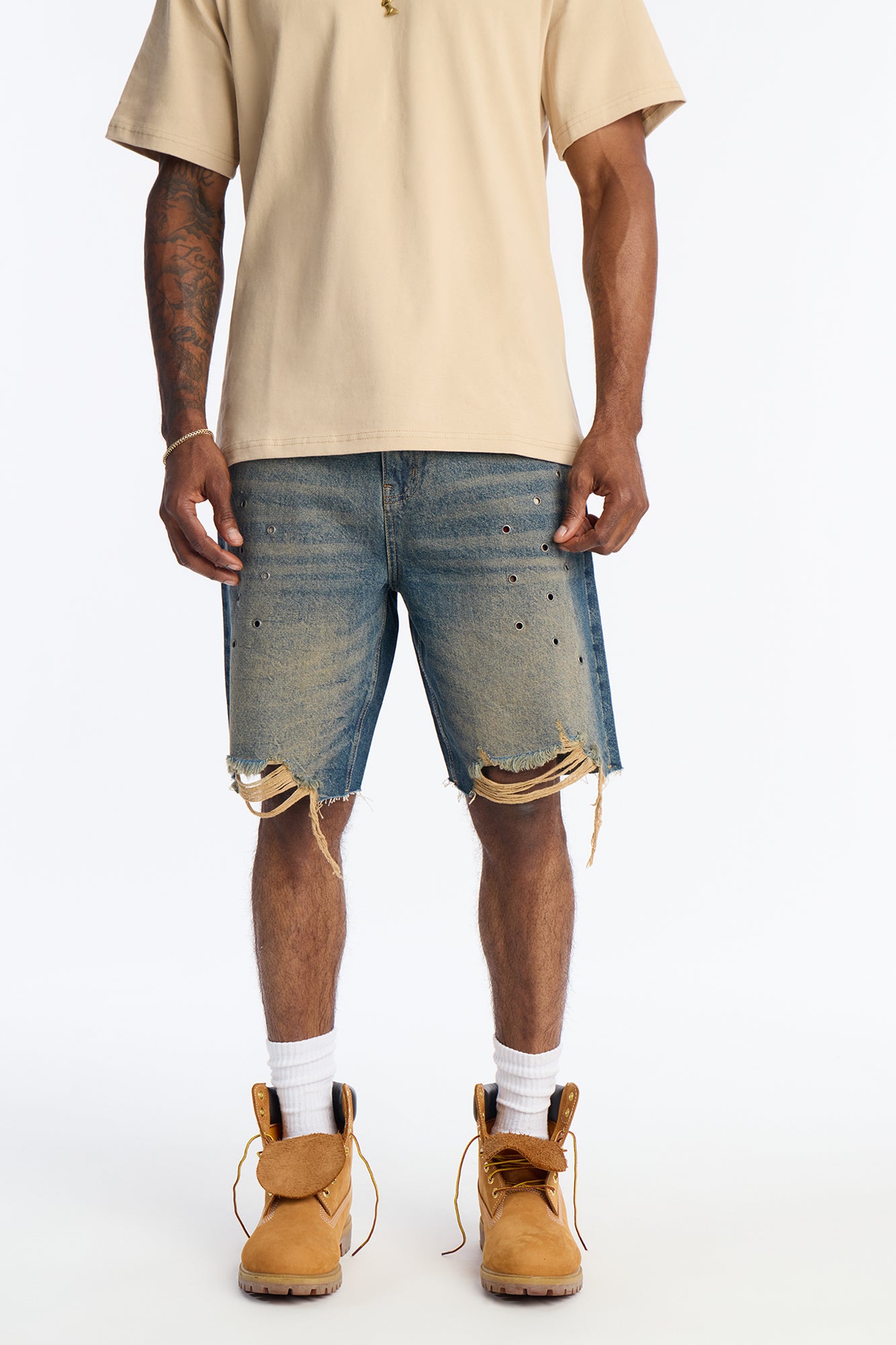 Relaxed Looking Out Distressed Grommet Denim Short - Dark Wash