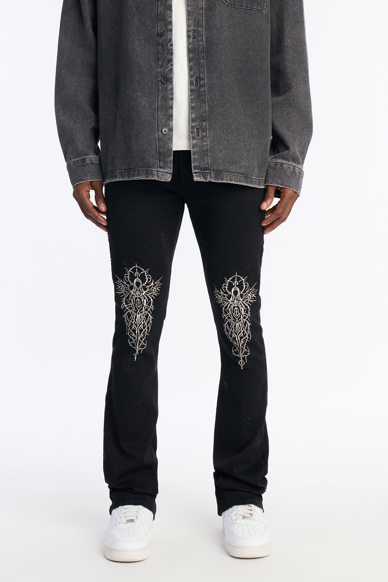 Stacked Skinny Flare Embroidered Saint Jeweled Jean - Black