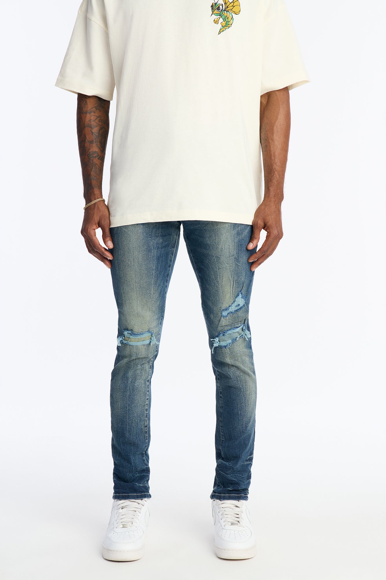 Skinny Distressed Tinted Mode Jeans - Medium Blue Wash